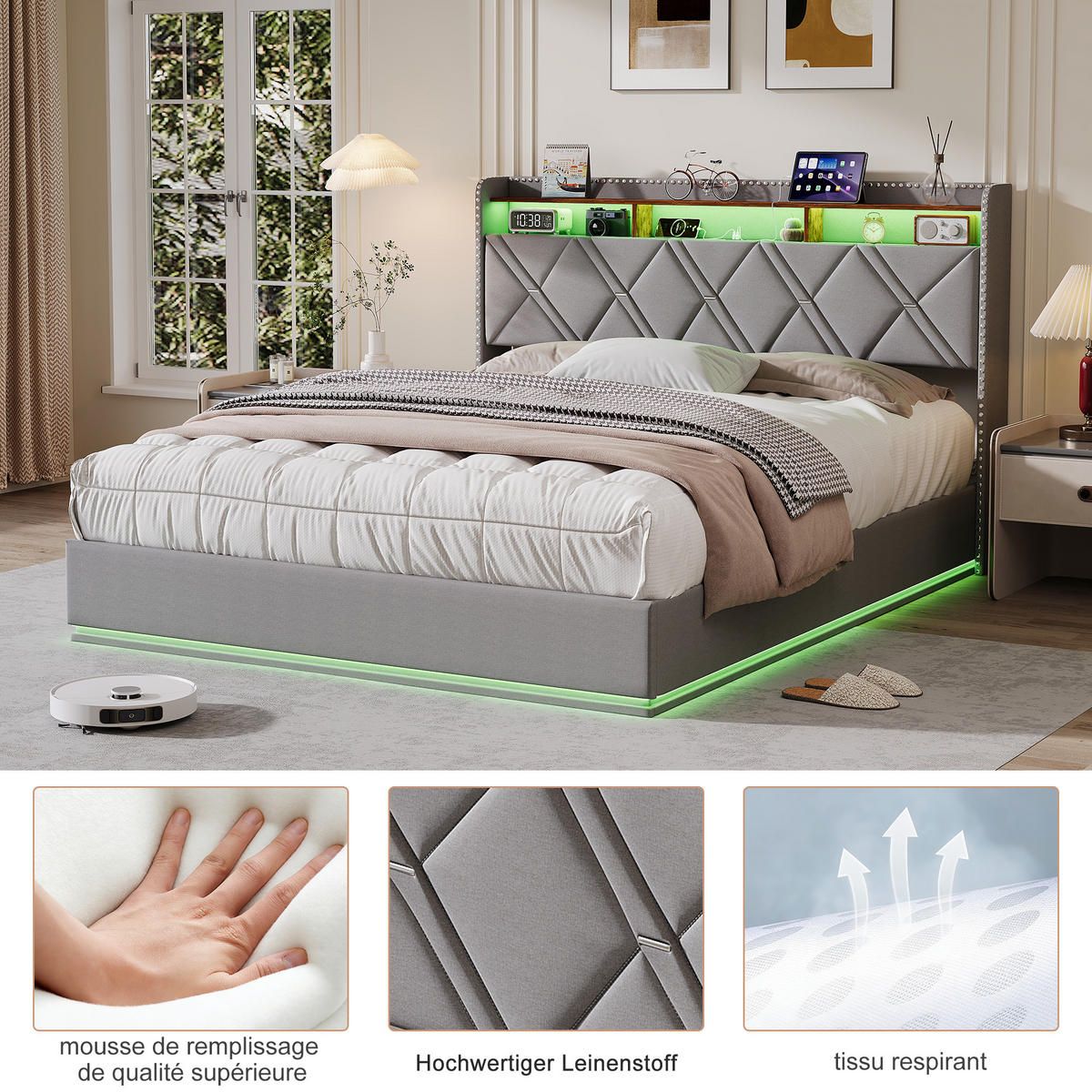 POLSTERBETT 160/200 cm Jugendbett Grau mit verstellbarer LED-Beleuchtung & USB - Grau, Holz/Textil (160/200cm) - PARAFTA HOME