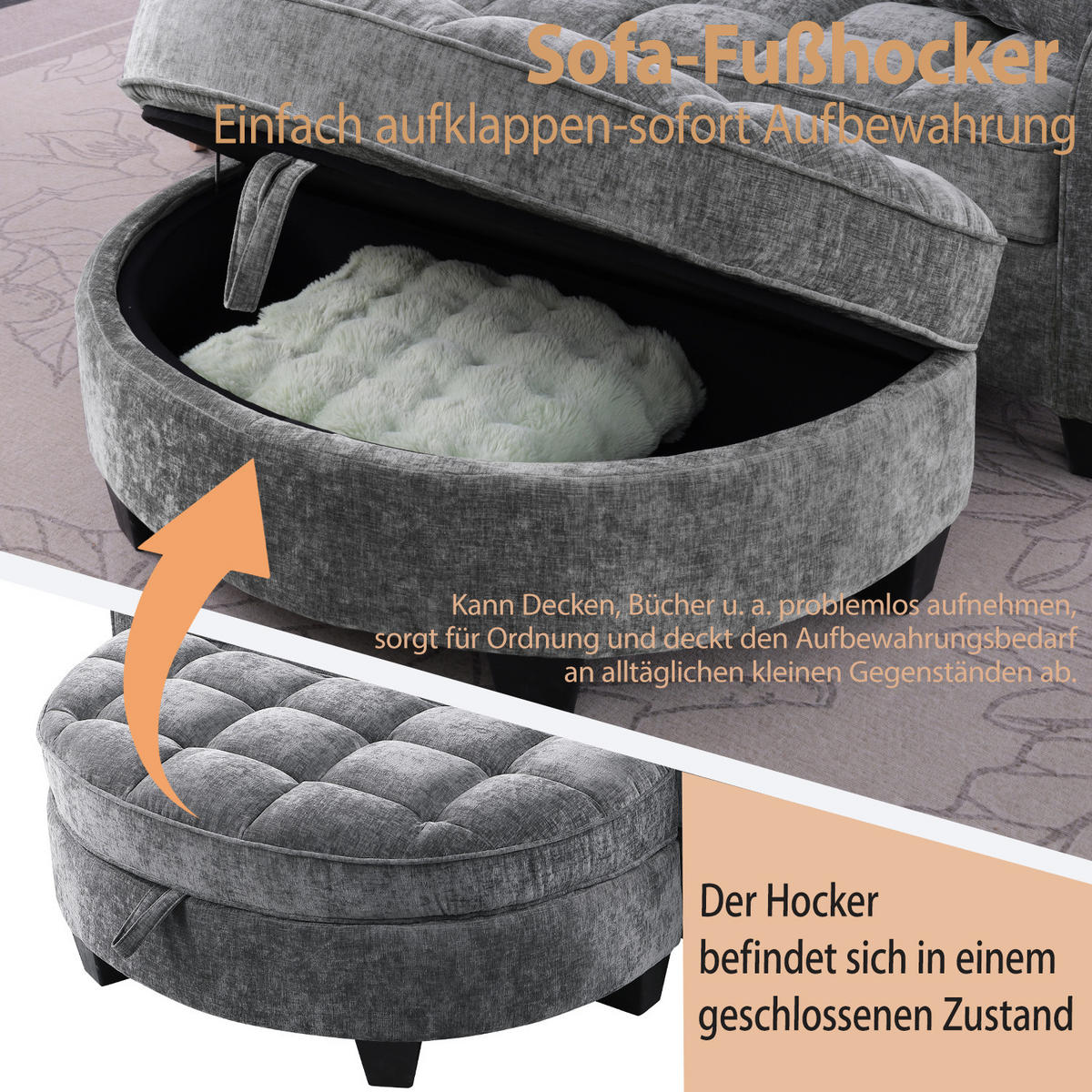 SCHLAFSOFA 2-in-1 mit Hocker und Stauraum, Dunkelgrau - Dunkelgrau, Holz (132/93/129cm)