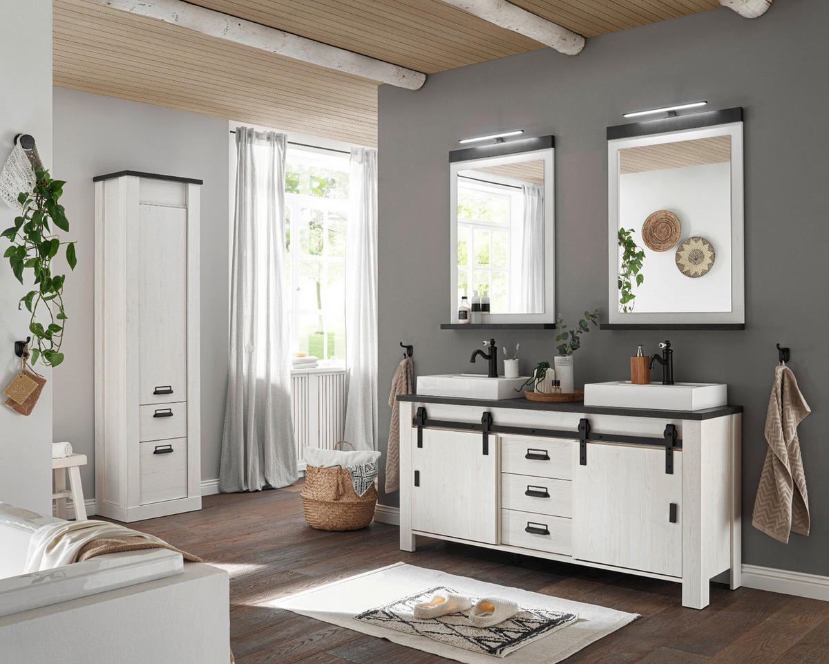 DOPPELWASCHTISCH weiß Pinie, anthrazit Landhaus, Waschtisch- Set inkl. 2 x Waschbecken - Anthrazit/Weiß, Holzwerkstoff/Metall (164/81/43cm) - Furn.Design