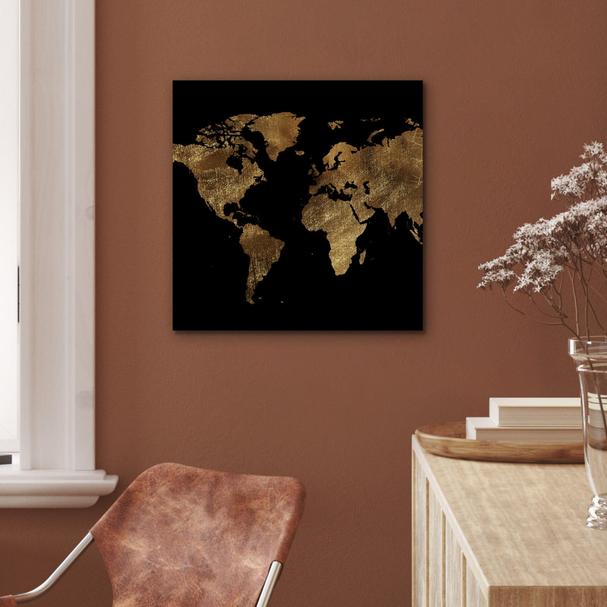 KOVOVÝ OBRAZ Mapa sveta - Zlato - Luxus - Zem - Čierna 50x50 cm - zlatá, kov (50/50cm) - MuchoWow