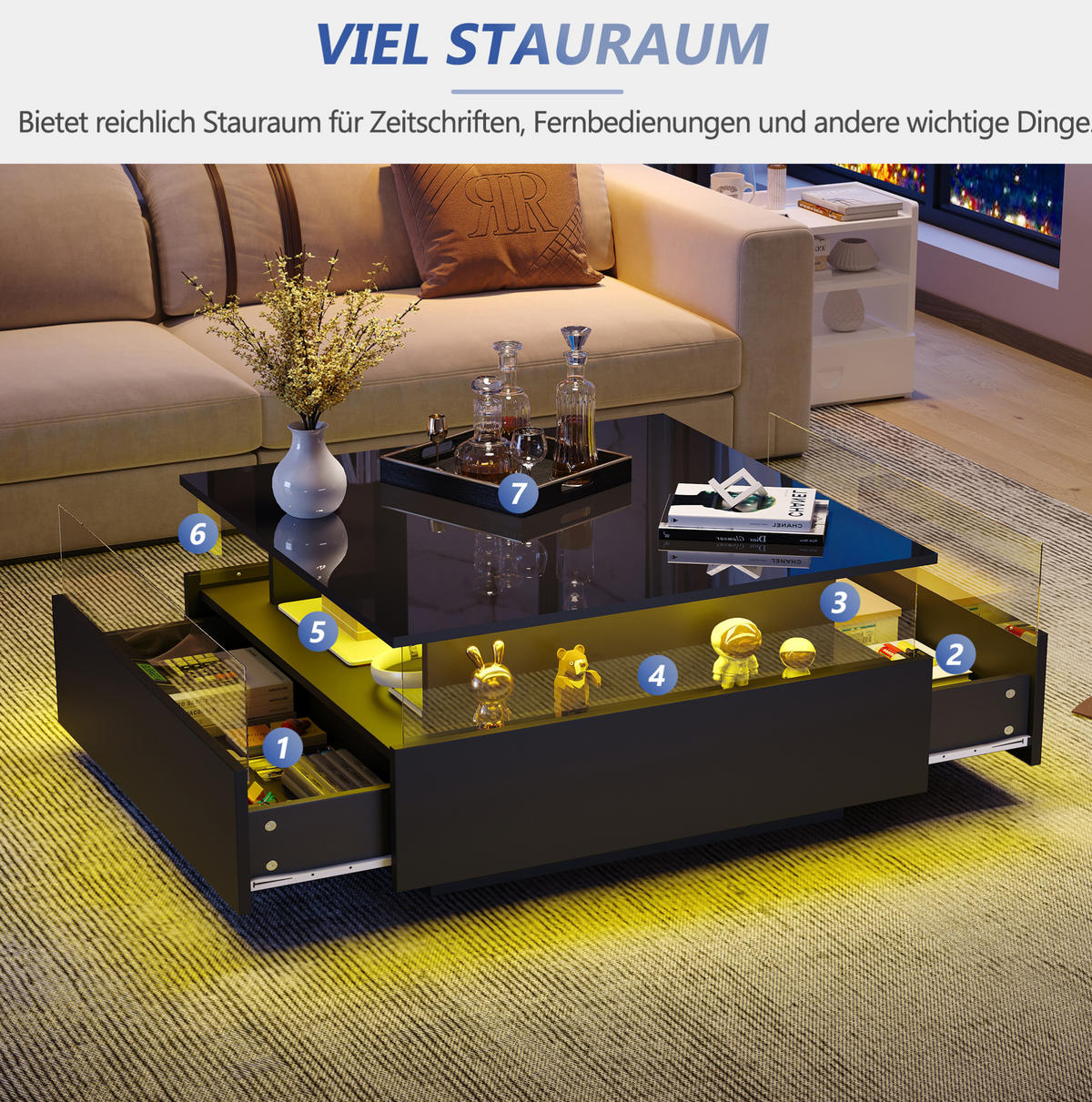 COUCHTISCH aus Spanplatte 70x70x41 cm in Schwarz mit LED & 2 Schubladen - Schwarz, Holzwerkstoff (70/70/41cm) - Modfu