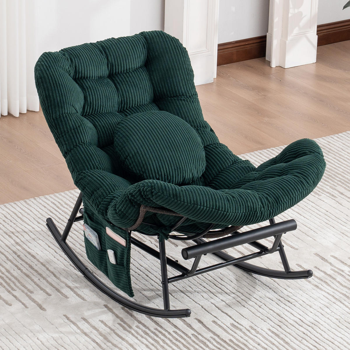 SCHAUKELSTUHL mit Fußstütze,Schaukelsessel XXL Rattanstuhl mit Kissen, Cord, Dunkelgrün - Grün, Textil (90/78/150cm) - LVHOM