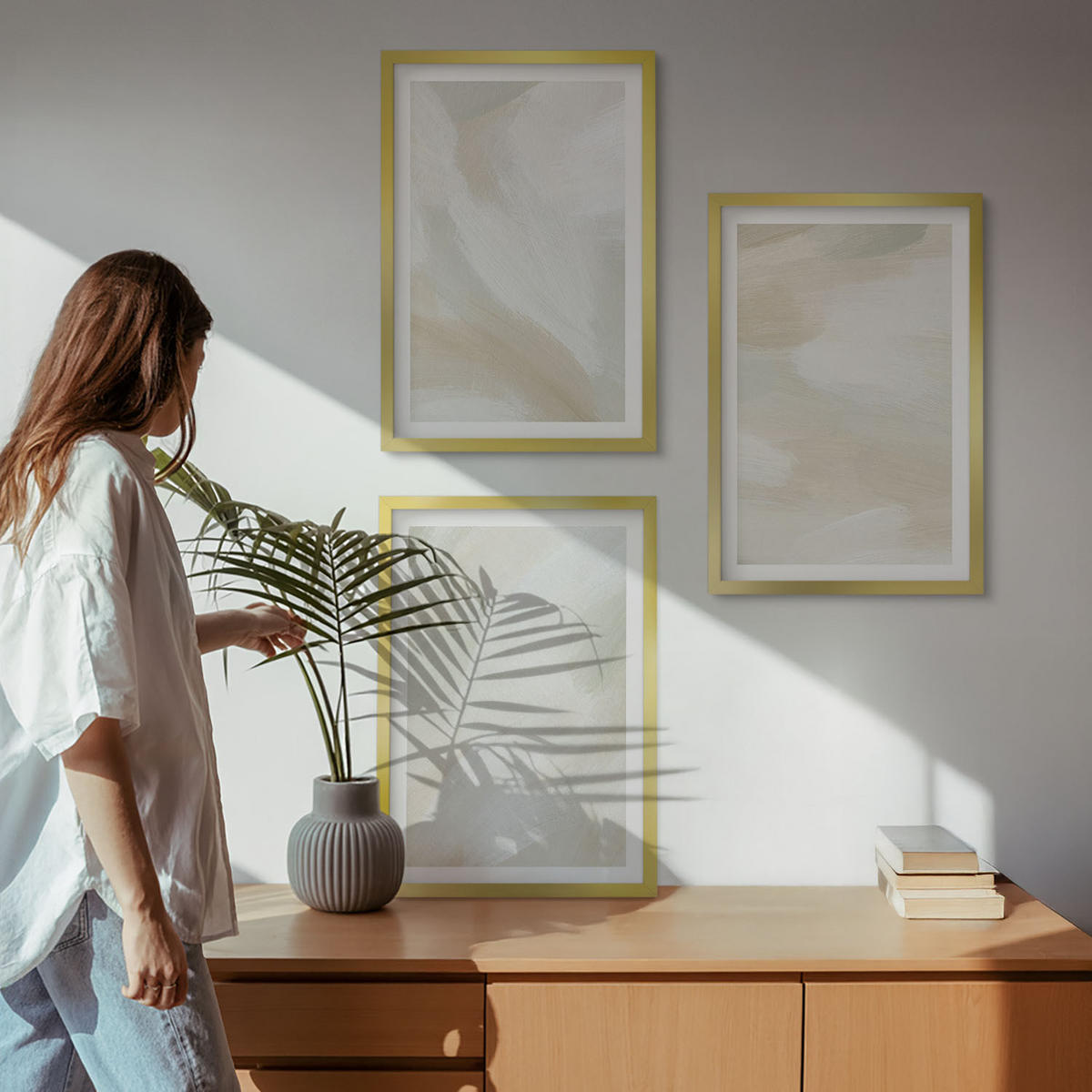 WANDBILDER 3er Set - 40x60 cm Goldrahmen - Minimalismus der Farbstruktur - Goldfarben, Kunststoff (40/60cm) - ArtPrintCave