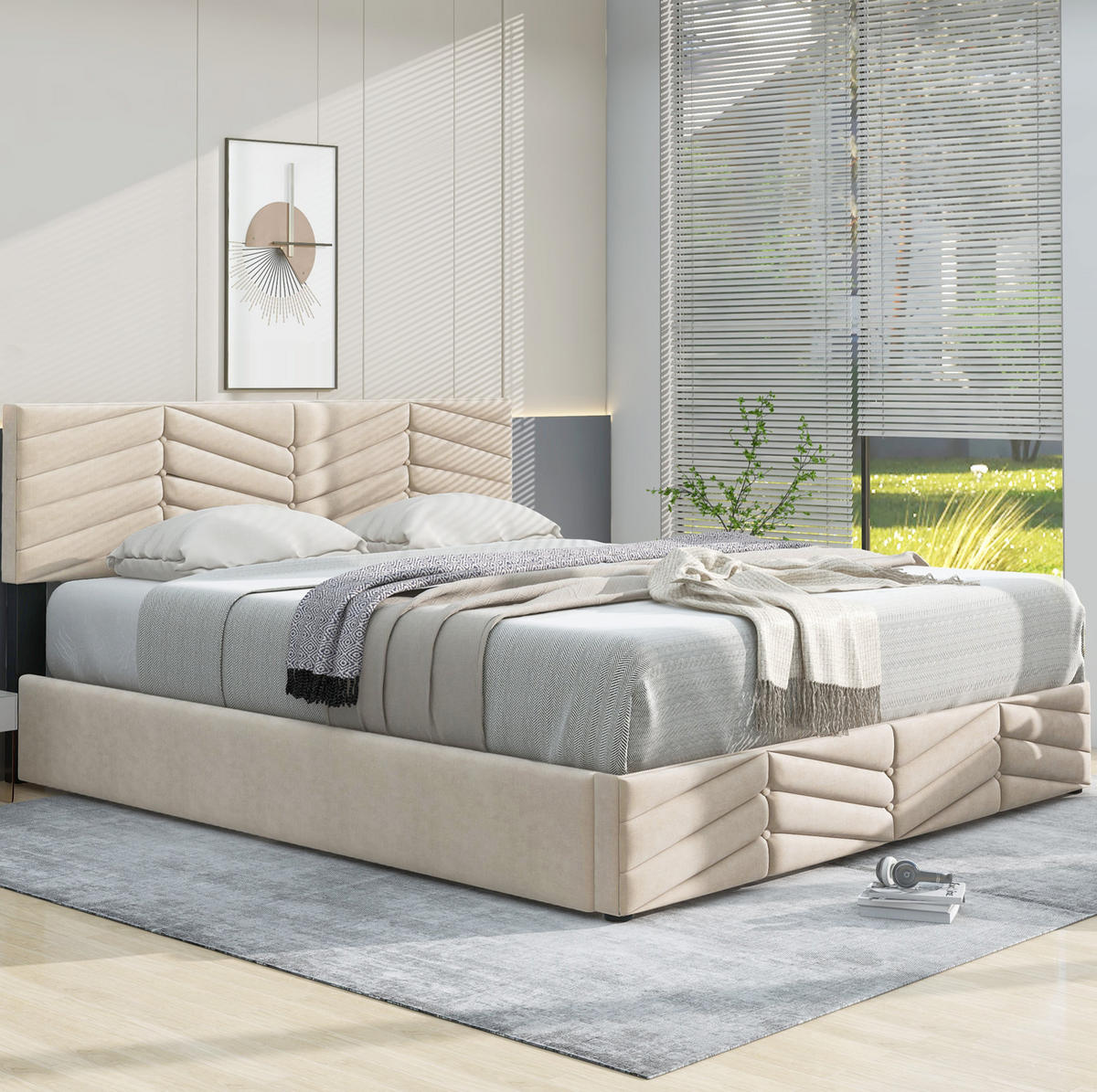 POLSTERBETT mit verstellbarem Kopfteil 140x200 cm Samt Beige - Beige, Metall (140/200cm) - Meubliv