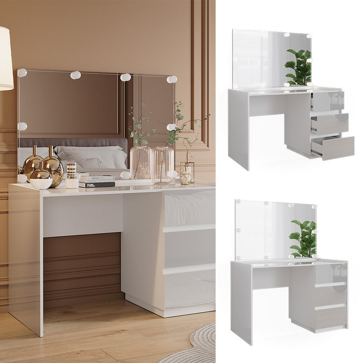 SCHMINKTISCH Marla Weiß Hochglanz 120 cm mit Spiegel, LED-Lichterkette - Weiß Hochglanz, Holzwerkstoff (120/78.6/60cm) - Vicco