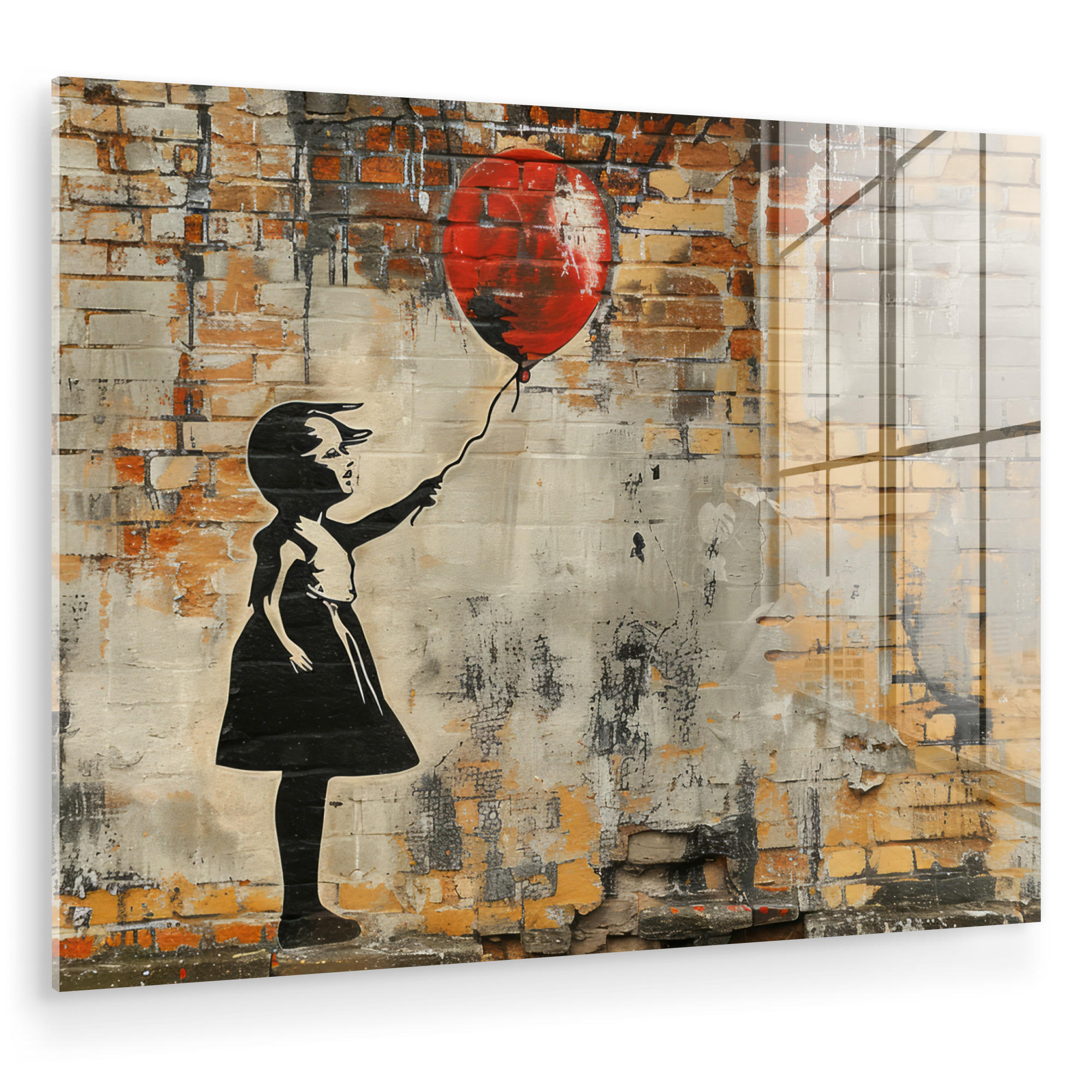 ACRYLGLASBILD Graffiti - Banksy - Mädchen - Straßenkunst 80x60 cm - Sandfarben, Glas (80/60cm) - MuchoWow