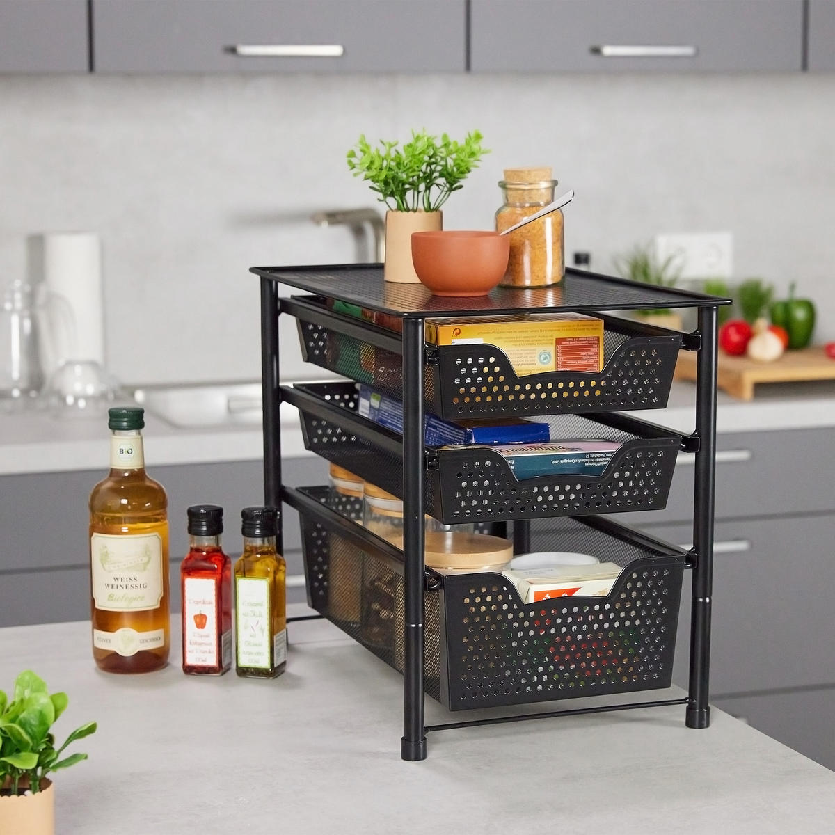 SCHUBLADENREGAL - Schwarz, Kunststoff/Metall (28/35/42.5cm) - Relaxdays