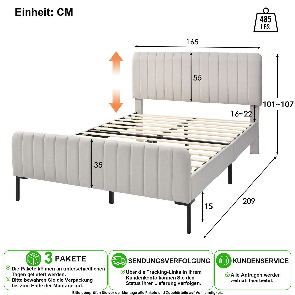 POLSTERBETT 160/200 cm in Grau-Beige Leinen mit verstellbarem Kopfteil, Lattenrost und Matratze - Beige, Holzwerkstoff/Textil (160/200cm) - CHICFURN