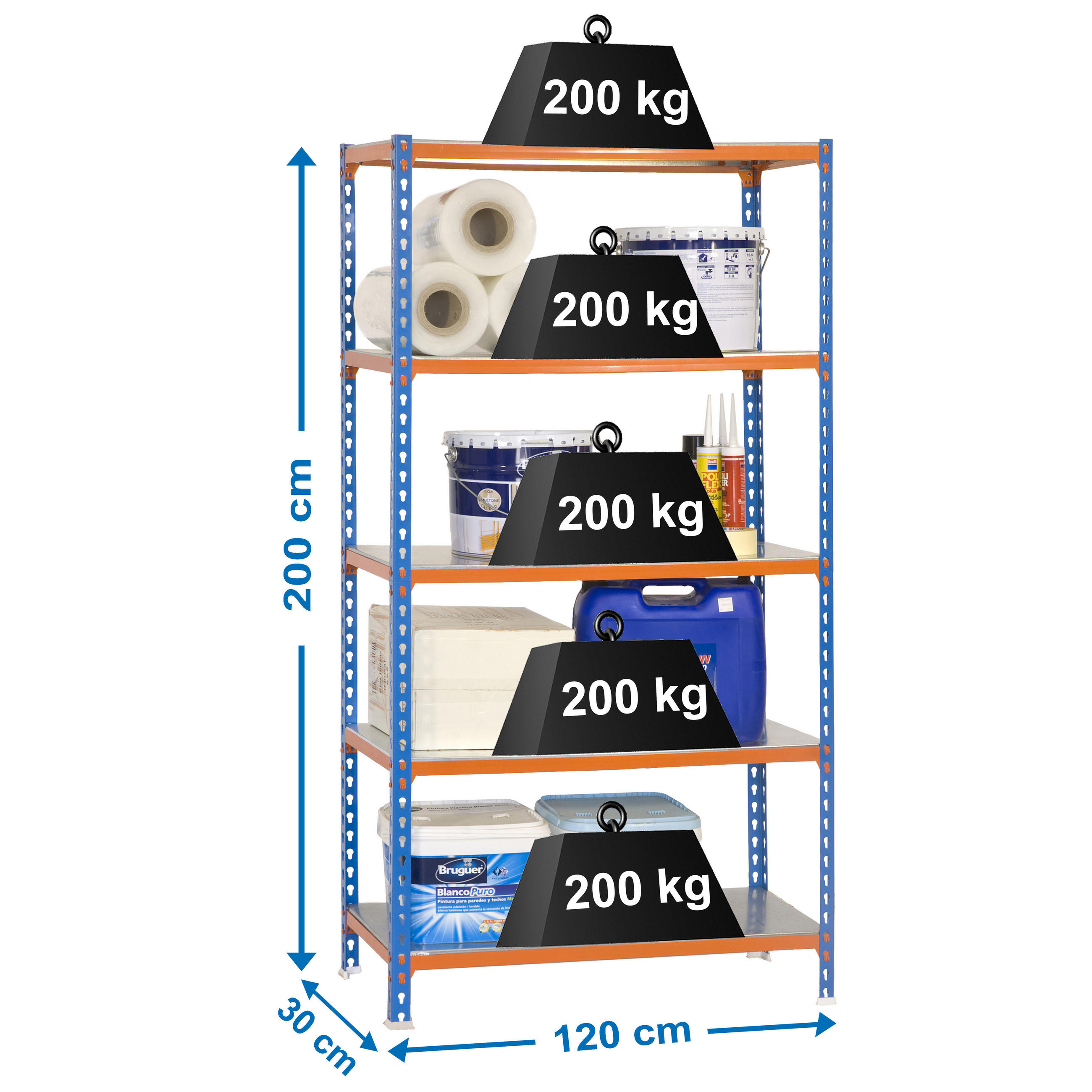 SCHWERLASTREGAL Big Metal Shark HxBxT 200 x 120 x 30 cm Fachlast 200 kg Blau-Orange - Gelb, Metall (120/200/30cm) - PROREGAL