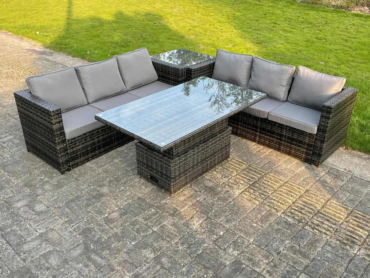 SITZGRUPPE Polyrattan 6-Sitzer - Dunkelgrau/Grau, Glas/Kunststoff - Fimous