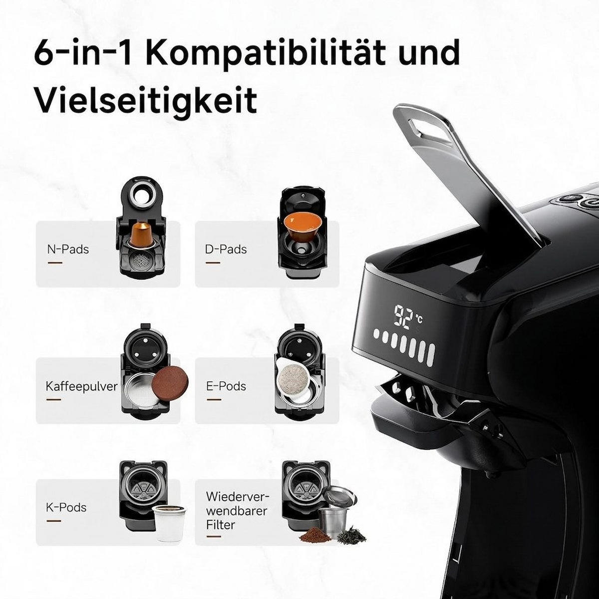 FILTERKAFFEEMASCHINE 6-in-1 20 Bar Edelstahlfilter Espresso-Extraktion - Schwarz, Metall (11/26/26cm) - BEXEVUE