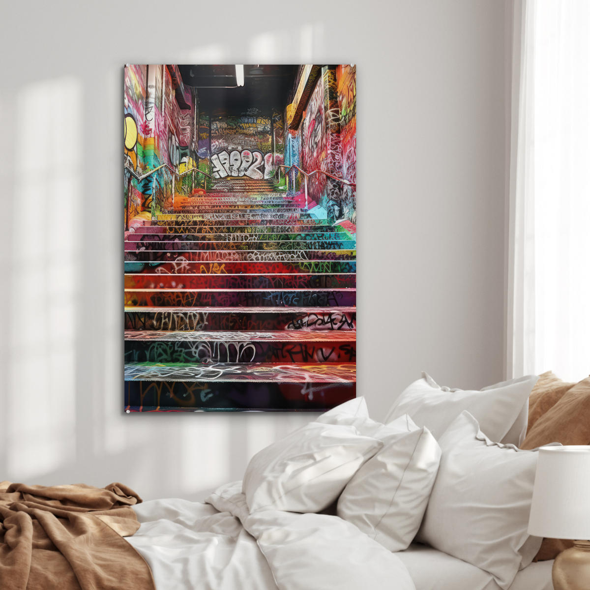 ACRYLGLASBILD Treppe - Graffiti - Farben - Kunst 60x90 cm - Multicolor, Glas (60/90cm) - MuchoWow