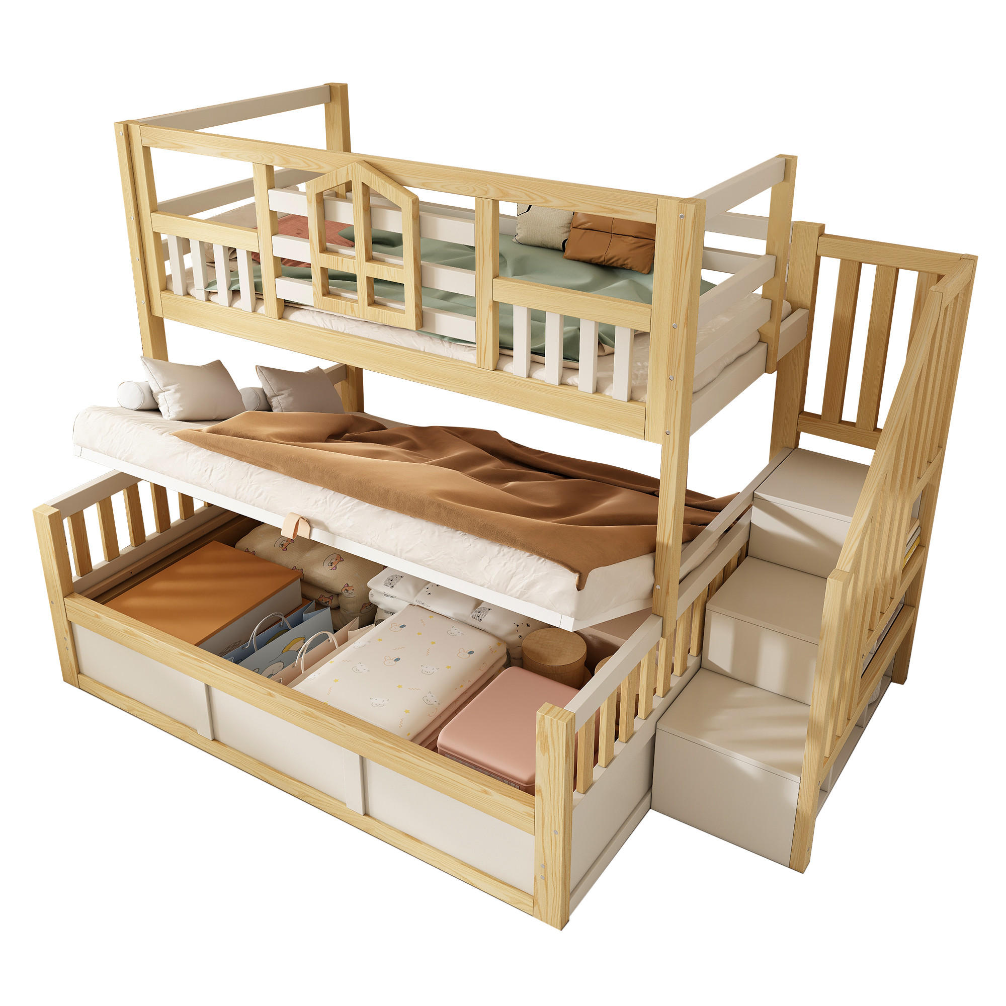 ETAGENBETT 90/200 cm & 140/200 cm in Weiß & Eichefarben mit Bettkasten, Treppe mit Ablagefächern und Fenstern - Weiß/Naturfarben, Holzwerkstoff (140/200cm) - STILVORA