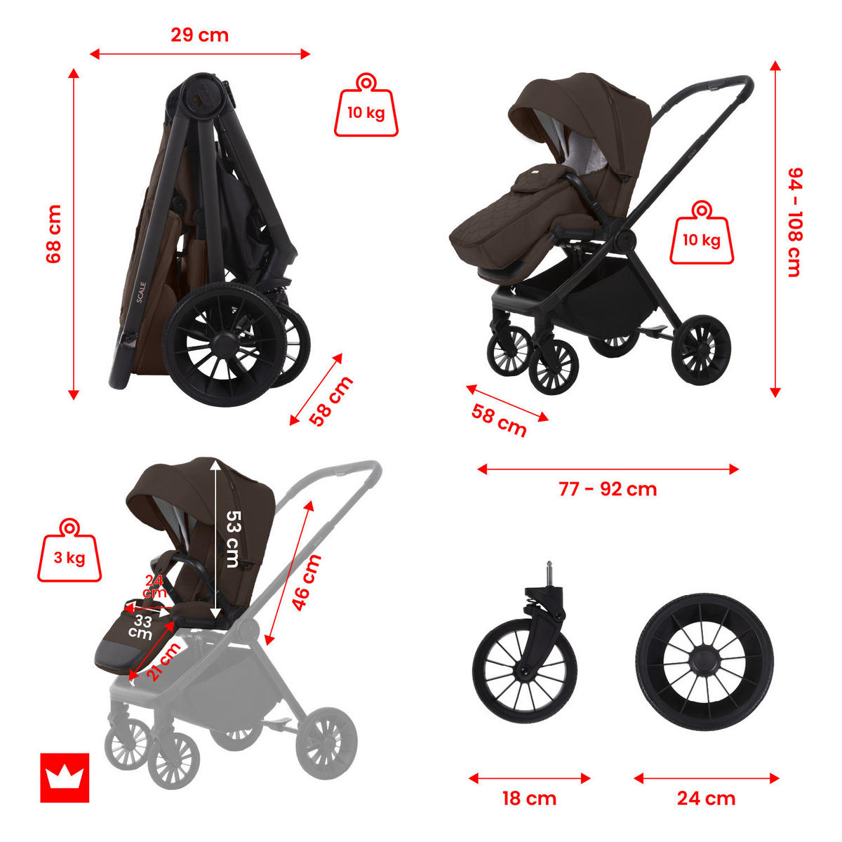 BUGGY Scale, Klein und Leicht, Teleskopische Führung, Kompakt Faltbar, Wickeltasche, Reisetasche - Schwarz/Braun, Textil/Metall (58/100cm) - BabyLux