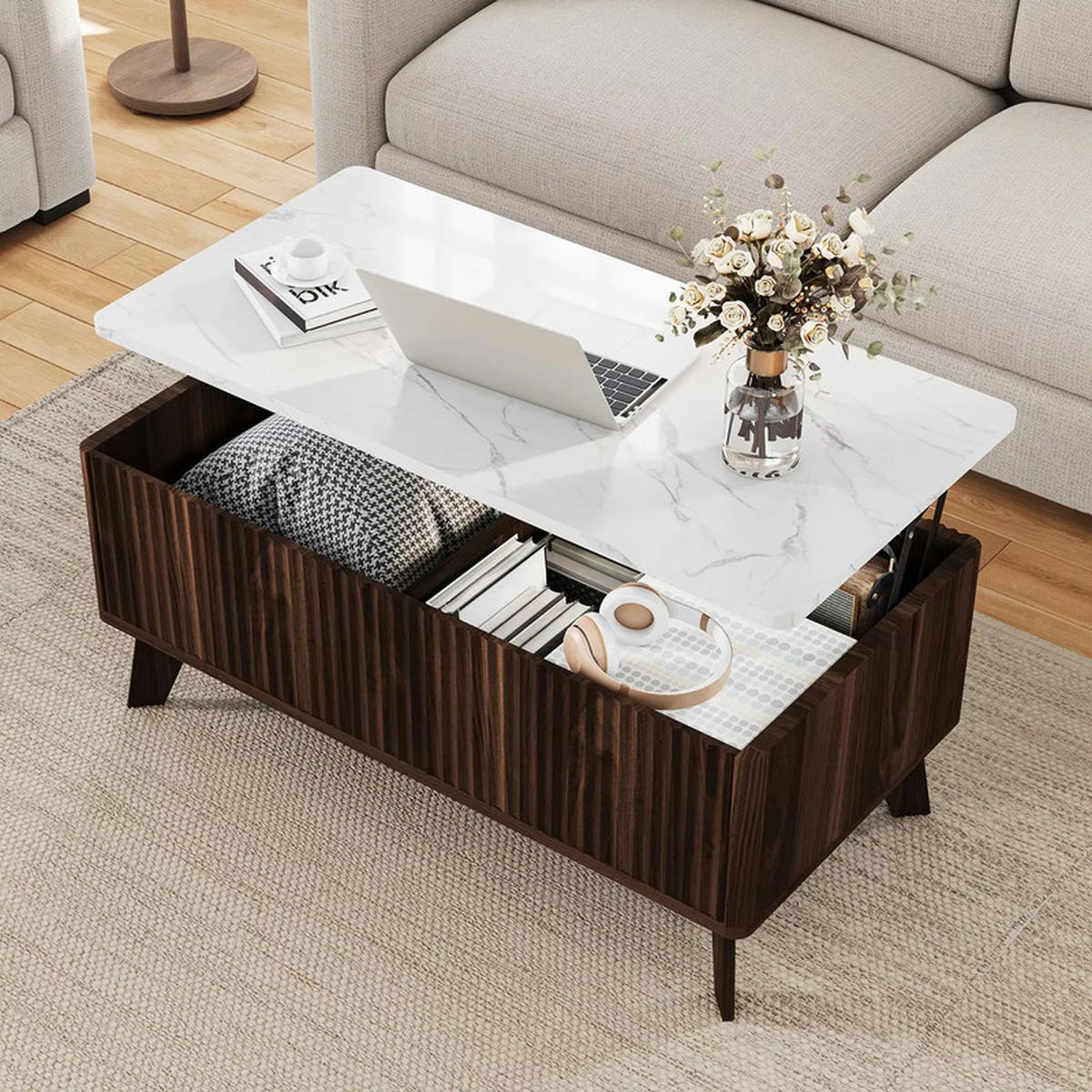COUCHTISCH Höhenverstellbar Marmoroptik Eiche 105x53x42 cm Stauraum Dunkelbraun - Dunkelbraun, Holz (105/53/42cm) - Kaket