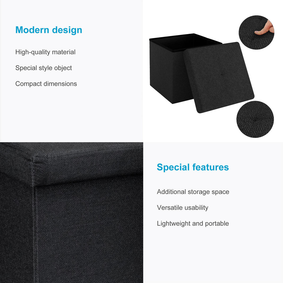 SITZHOCKER Faltbar mit Stauraum 38/38/38 cm (Schwarz) - Schwarz, Textil (38/38/38cm) - Intirilife