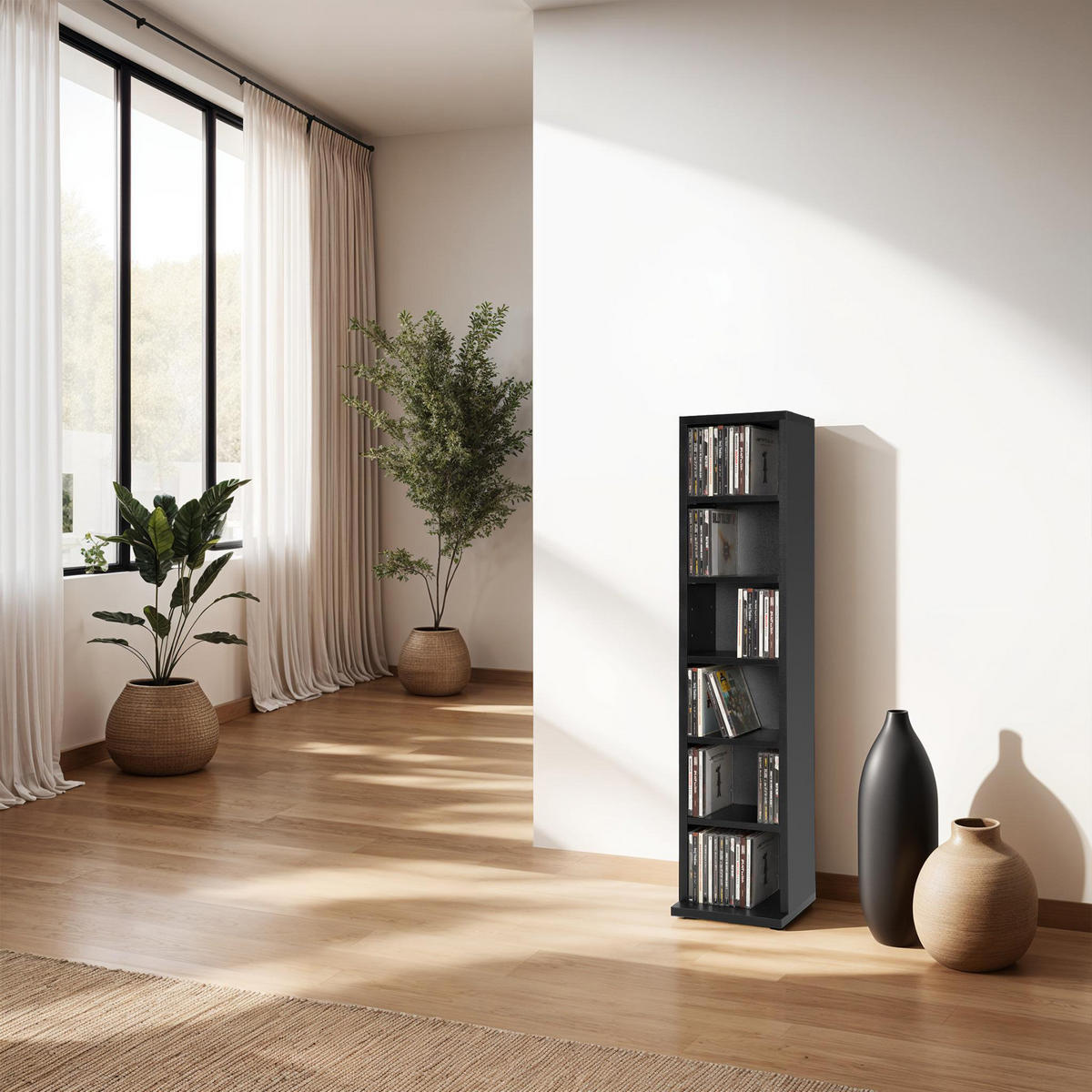 CD/DVD Regal Juliane,90 x 21 x 20 cm,schwarz - Schwarz, Holz (21/90/20cm) - tectake