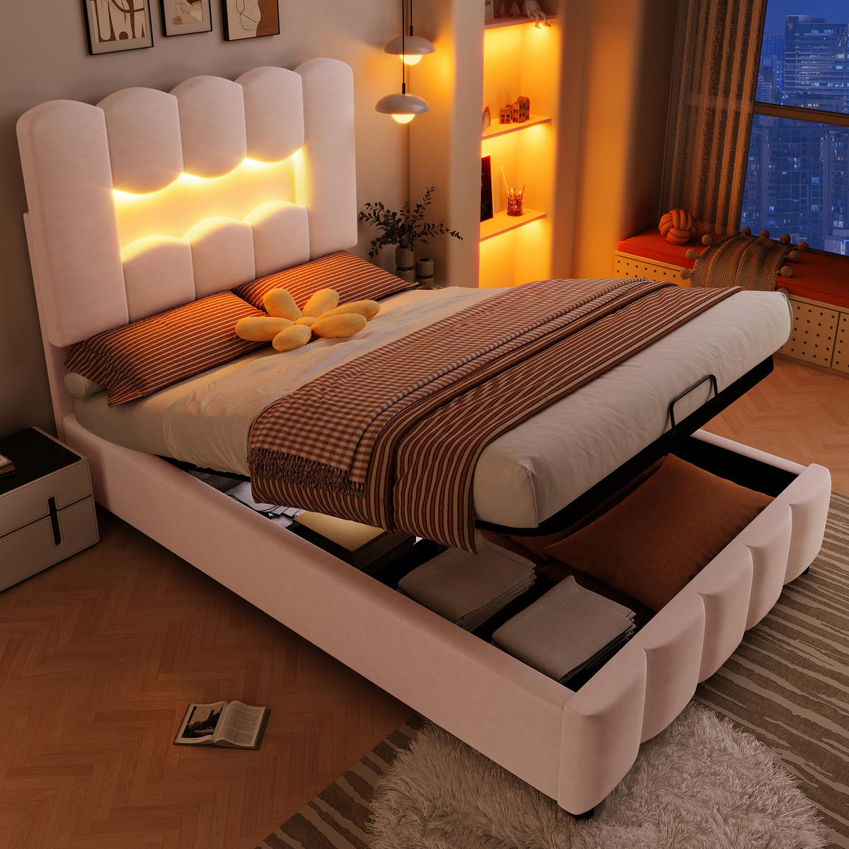 POLSTERBETT 90x200cm Rosa Samt LED-Licht Hydraulik Kopfteil - Pink, Holz (90/200cm) - FLIEKS