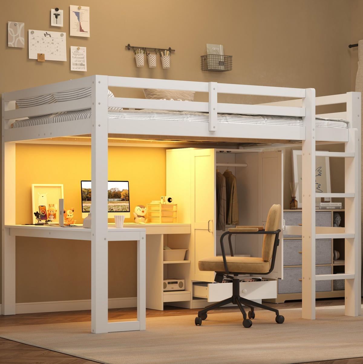 HOCHBETT aus Kiefernholz und MDF 90x200 cm Weiß mit Schreibtisch, Kleiderschrank, USB und LED-Beleuchtung - Weiß, Holzwerkstoff (90/200cm) - Modfu