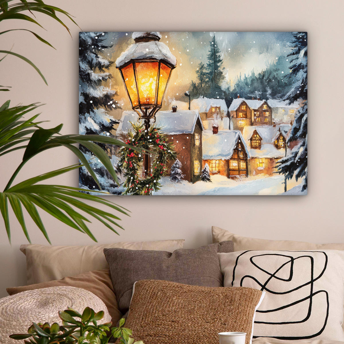 LEINWANDBILD Weihnachtsdorf - Häuser - Schnee - Weihnachten Wandbilder 80x60 cm - Sandfarben, Textil (80/60cm) - MuchoWow