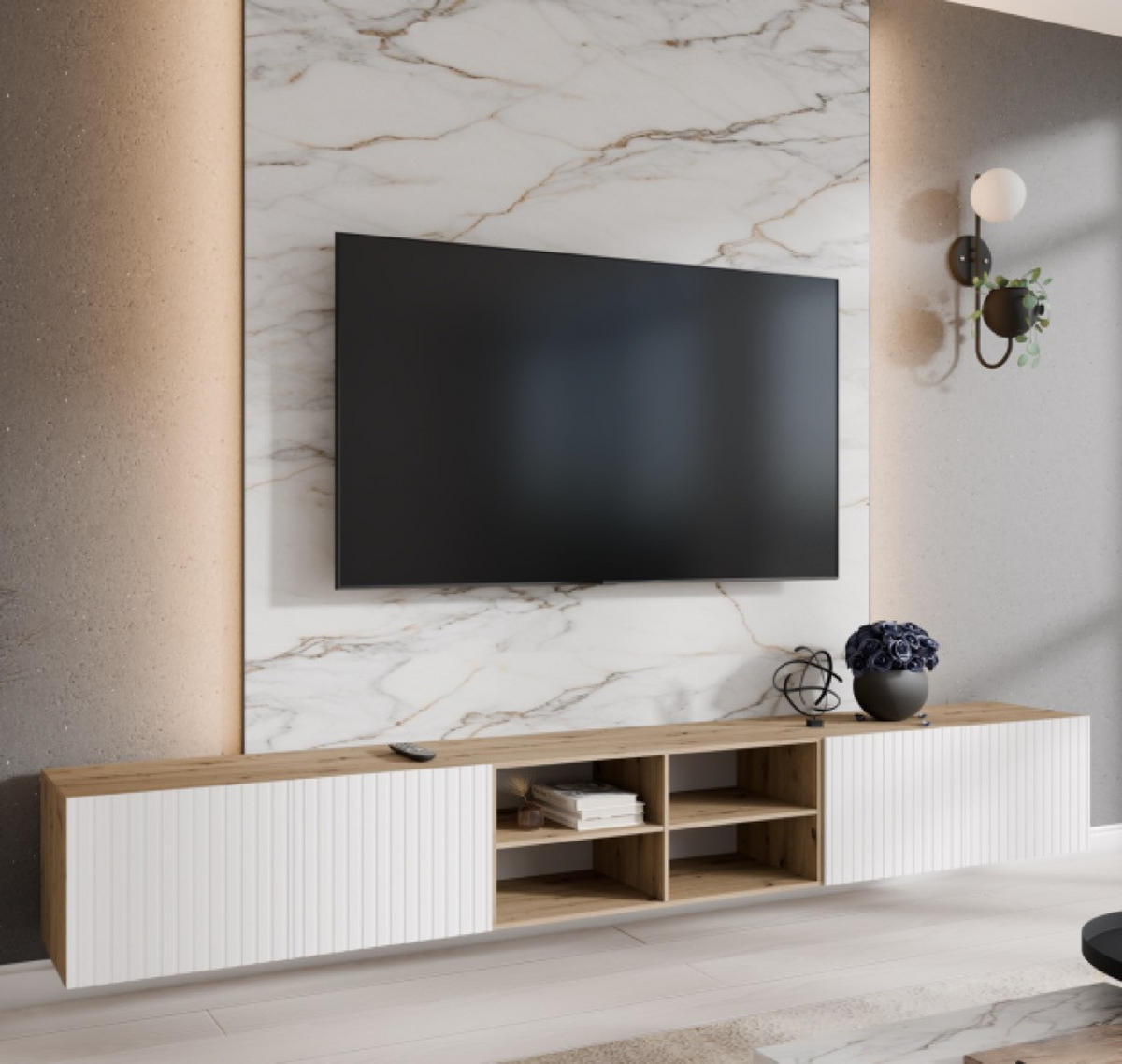 TV-LOWBOARD Weiß RIO Offene Regale Geriffelt 300 cm - Weiß, Holzwerkstoff (300/41/40cm) - Sepro Meble