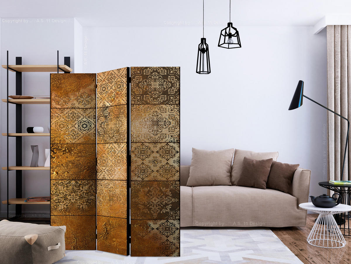 PARAVENT Beidseitig Bedruckter 3-tlg 135x172 cm Vintage Mosaikfliesen - Beige, Holz/Textil (135/172/3cm) - Muralo