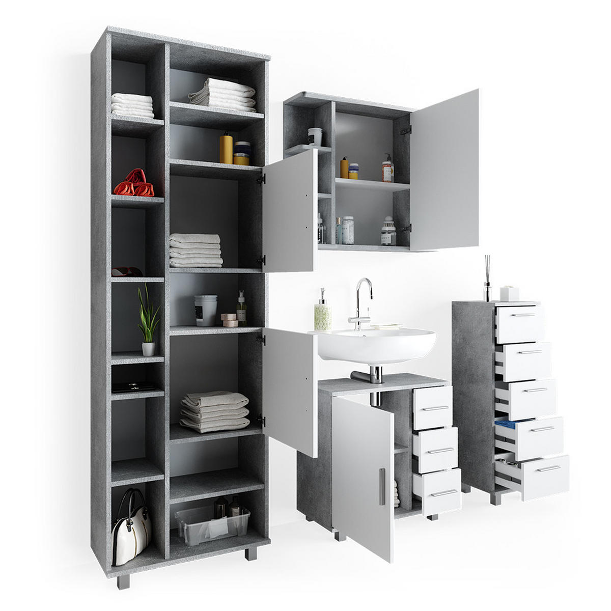 BADMÖBEL-SET Ilias Beton 4 Teile - Schieferfarben/Weiß, Holzwerkstoff (60/60/33cm) - Vicco