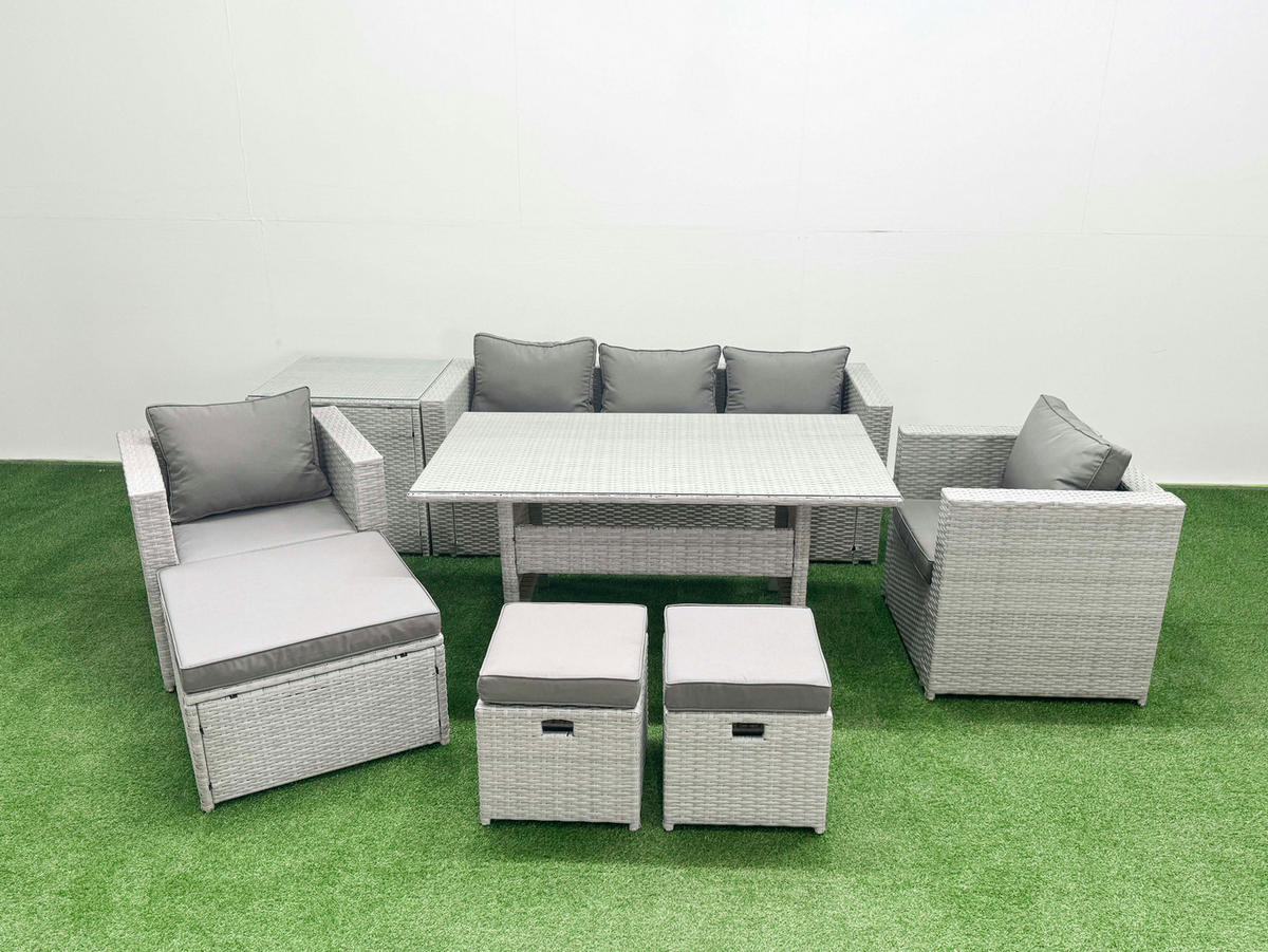 GARTENMÖBEL SET mit Sofa,3 Hockern,Beistelltisch Polyrattan Hellgrau 8-Sitzer - Hellgrau/Grau, Glas/Kunststoff - Fimous
