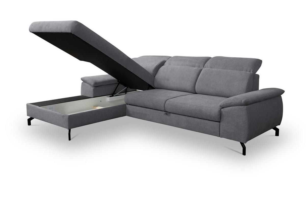 ECKSOFA MALIBU mit Schlaffunktion und Bettkasten, Farbe: Dunkelgrau, Velourstoff, Ottomane Links - Dunkelgrau, Textil (276/184cm) - VENASI MÖBEL