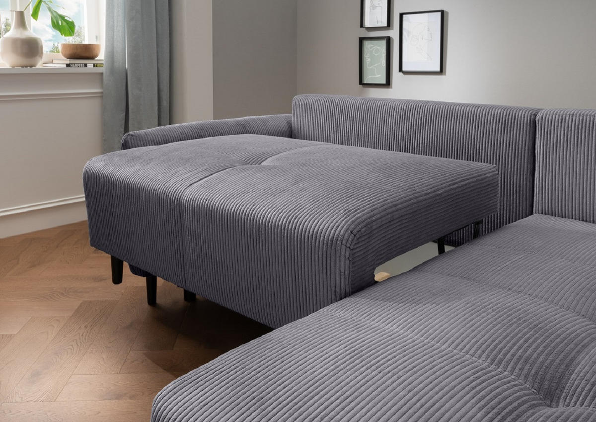 ECKSOFA mit Schlaffunktion und Bettkasten, Cord, beidseitig montierbar - Anthrazit/Schwarz, Holz/Textil (238/174cm) - myHomelando