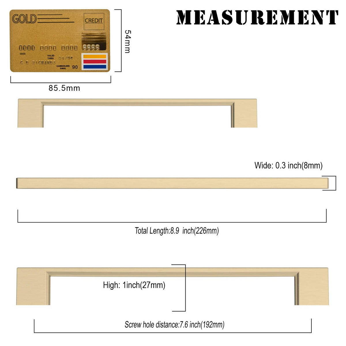 MÖBELGRIFF Gold 6er-Set 192 mm gebürstetes Messing - Silberfarben, Metall (0.9/2.7/2.17cm)