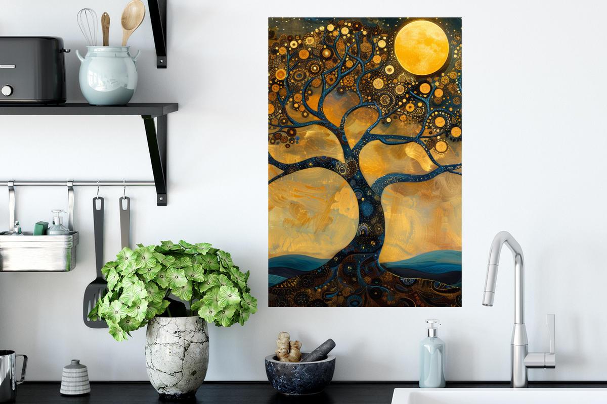 WANDTATTOO Baum - Mond - Blumen - Gold - Kunst 40x60 cm - Orange, Kunststoff (40/60/0.1cm) - MuchoWow