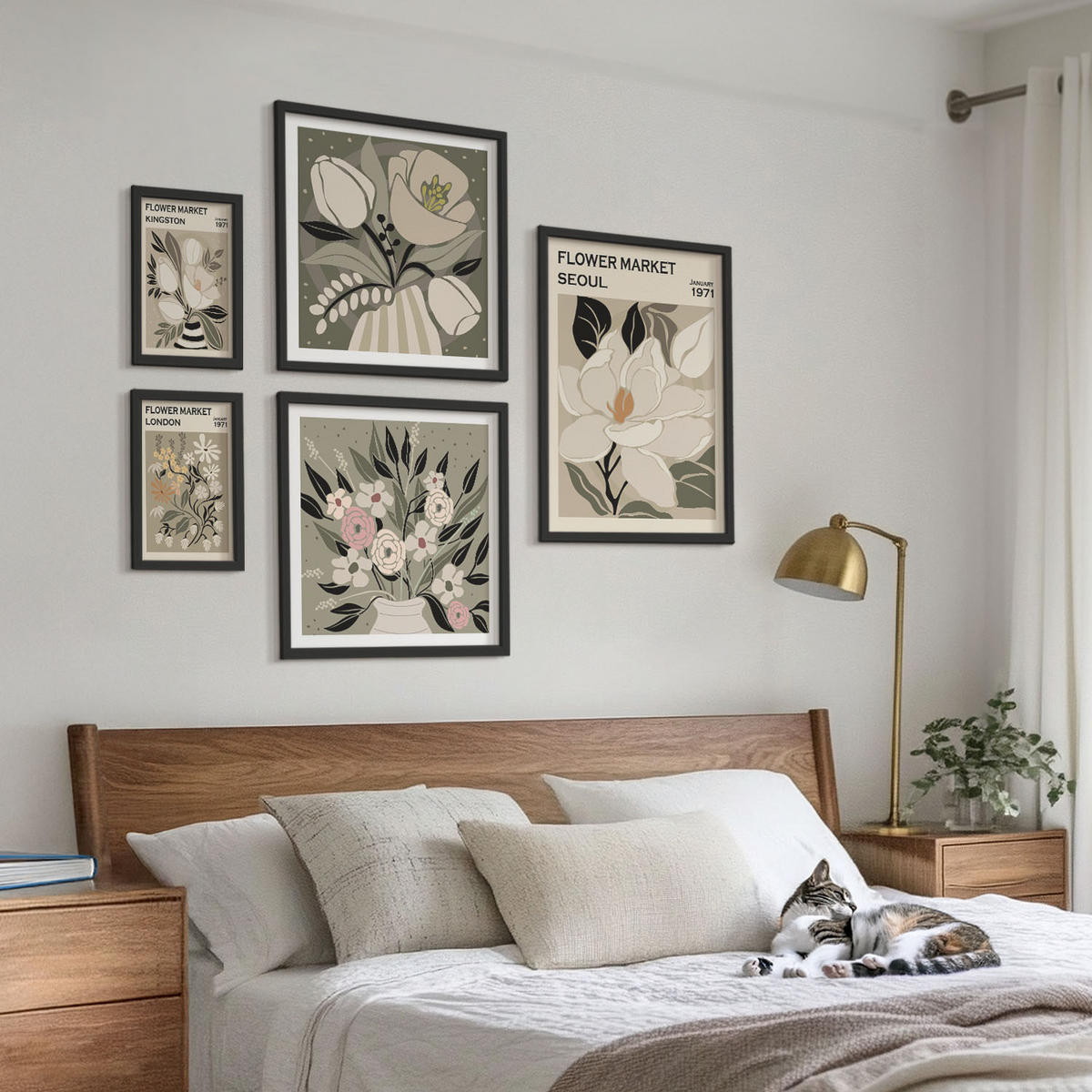 WANDBILDER 5er-Set - 50x50 cm & 20x30 cm & 40x60 cm Schwarzer Rahmen - Retro-Blumen aus Städten rund um die Welt - Schwarz, Kunststoff (40/60cm) - ArtPrintCave