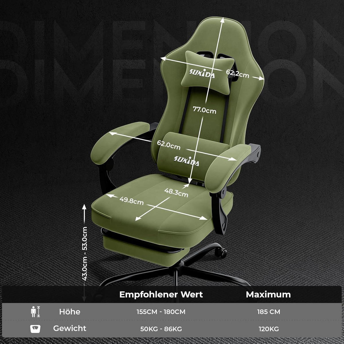 GAMING Stuhl mit Fußstütze Grün - Grün, Textil (62/130/49cm)