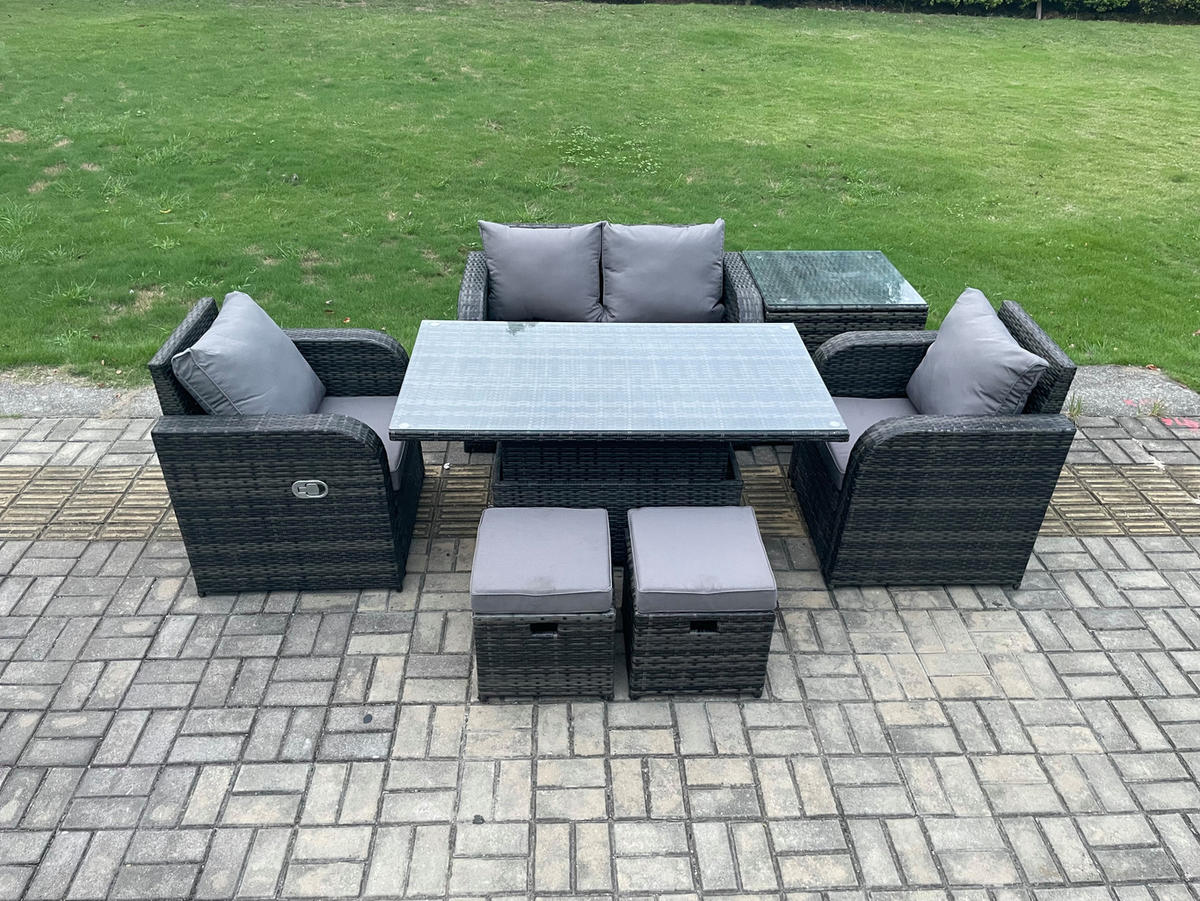 GARTENMÖBEL SET mit Esstisch Polyrattan 6-Sitzer - Dunkelgrau/Grau, Glas/Kunststoff - Fimous