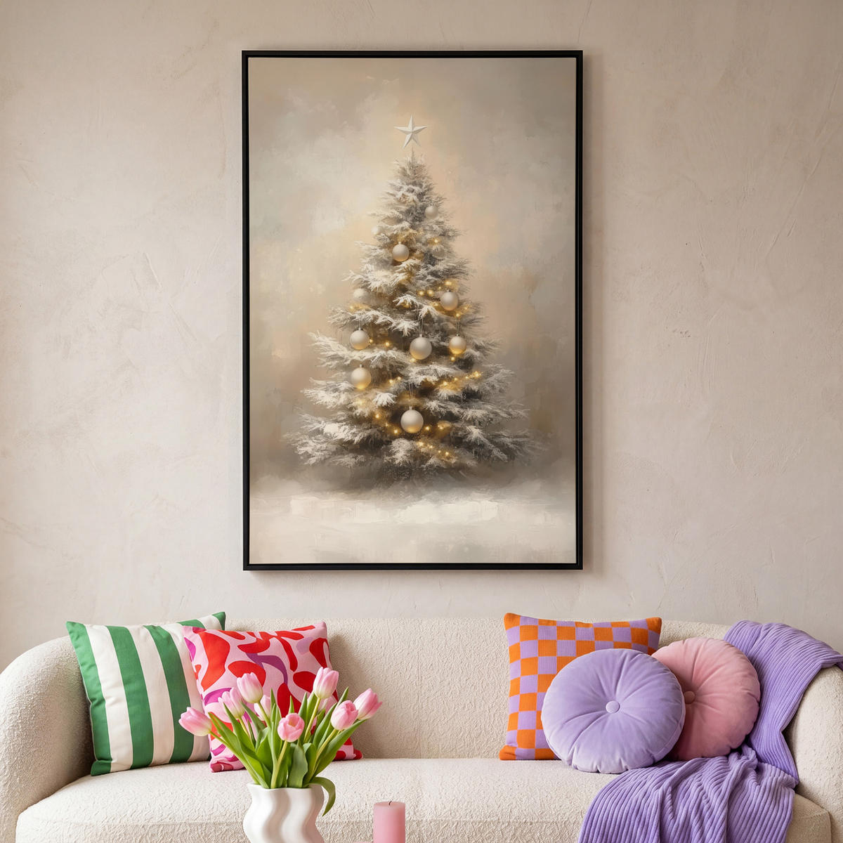 LEINWAND Bilder mit Rahmen - Weihnachten - Weihnachtsbaum - Schnee - Kunst - 80x120 - Champagner, Textil (80/120cm) - MuchoWow