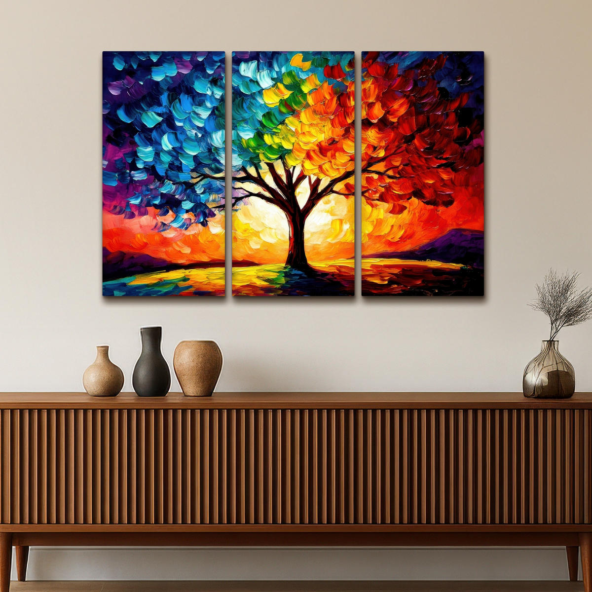 LEINWANDBILD 3er Set Baum - Farbenfroh - Malerei-Look - Abstrakt 120x80 cm - Multicolor, Textil (120/80cm) - MuchoWow