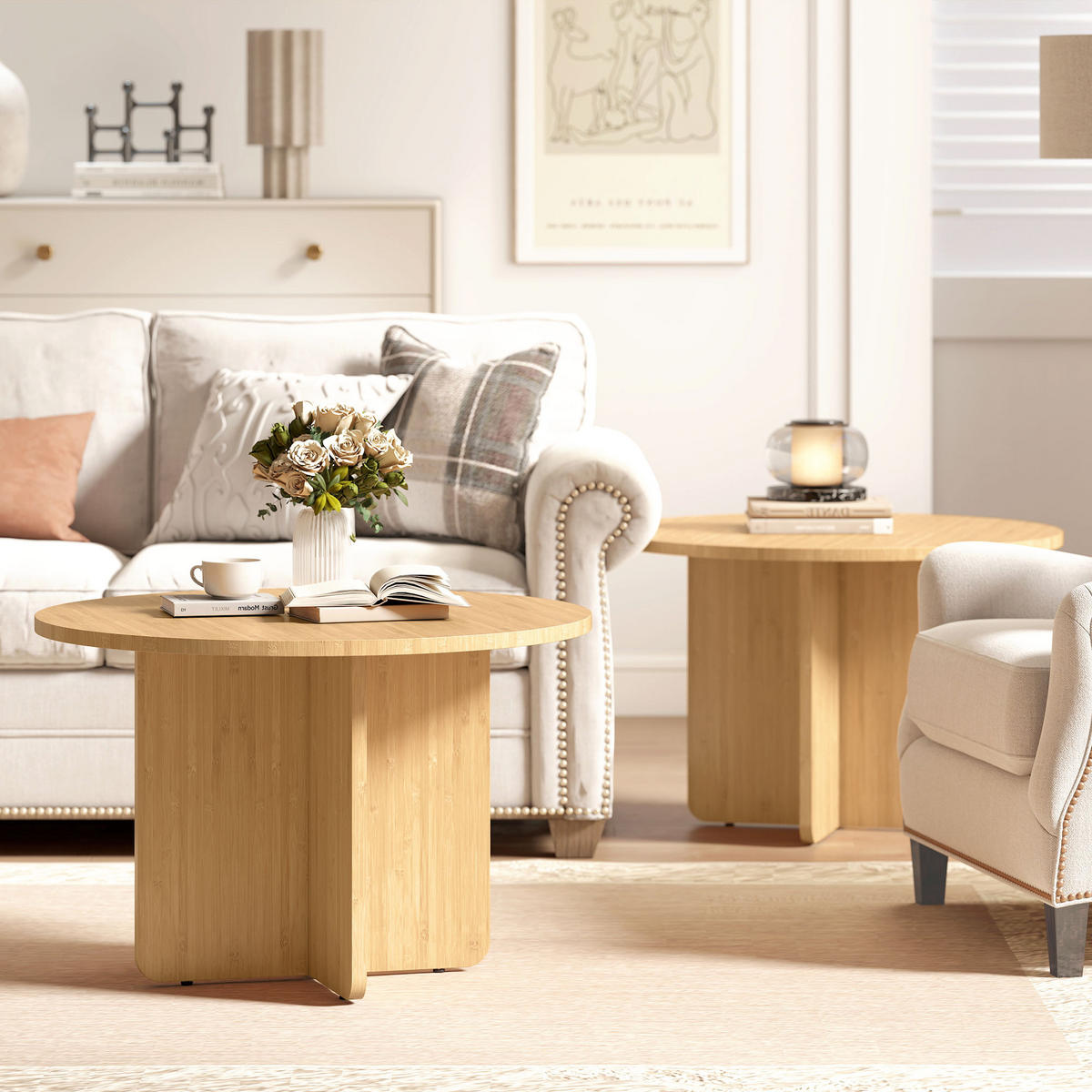 COUCHTISCH rund Ø66/45 cm - Naturfarben, Holz/Bambusholz (66/66/45cm) - HOMCOM