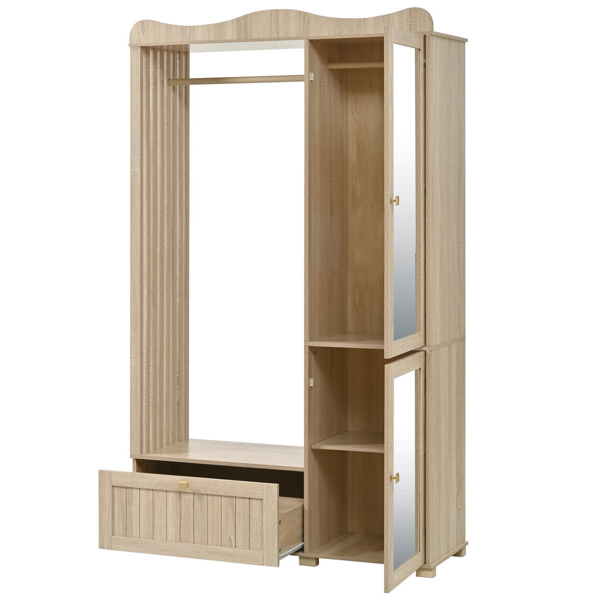 ŠATNÍ skříň 115,5/38,5/194,5 cm dubová z MDF s otevřeným věšákem a zrcadlem - barva dubu, kompozitní dřevo (115.5/194.5/38.5cm) - OKWISH