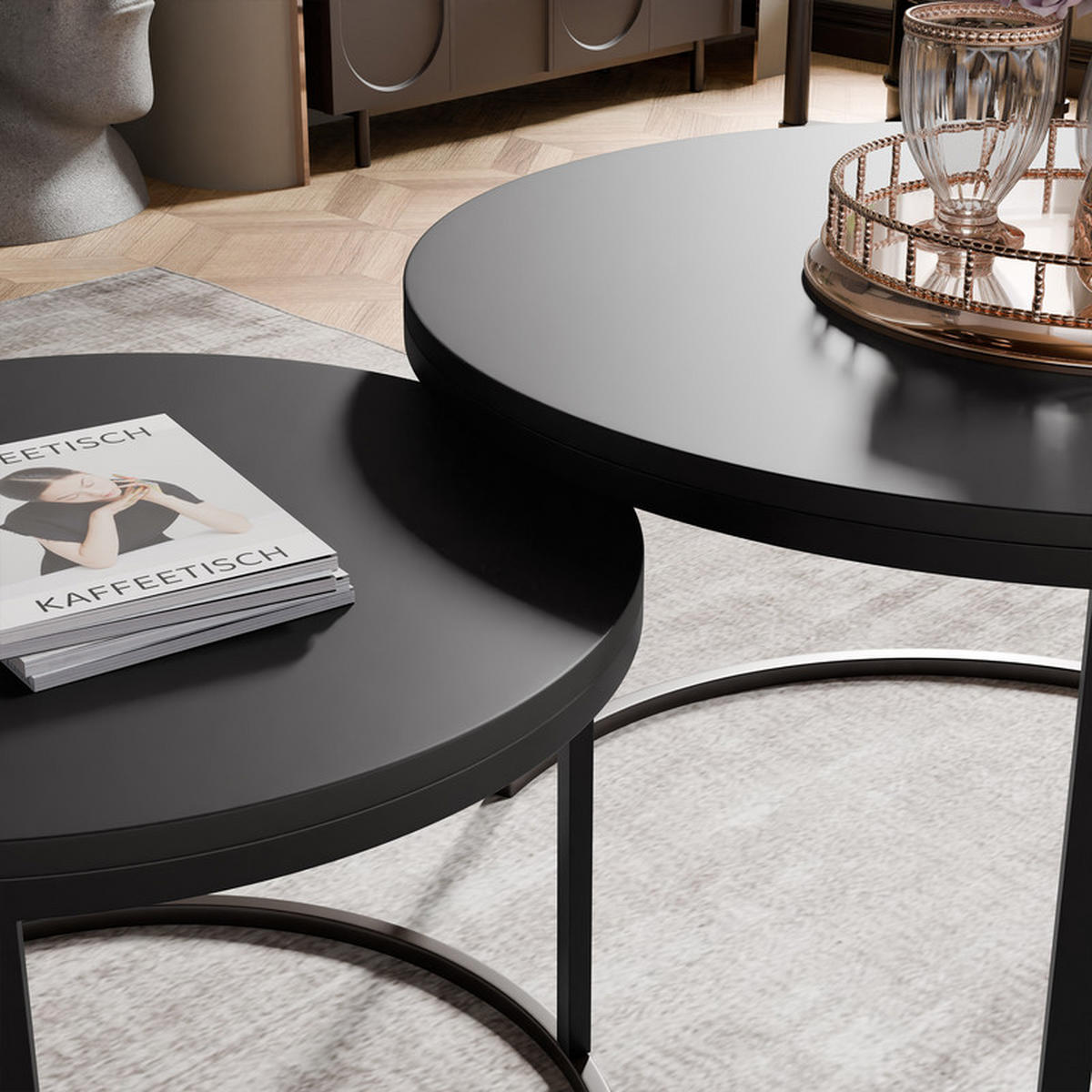 COUCHTISCH rund Groß, Mattschwarz, Rahmen Schwarz - Schwarz, Metall (70/70/48cm) - Idohome