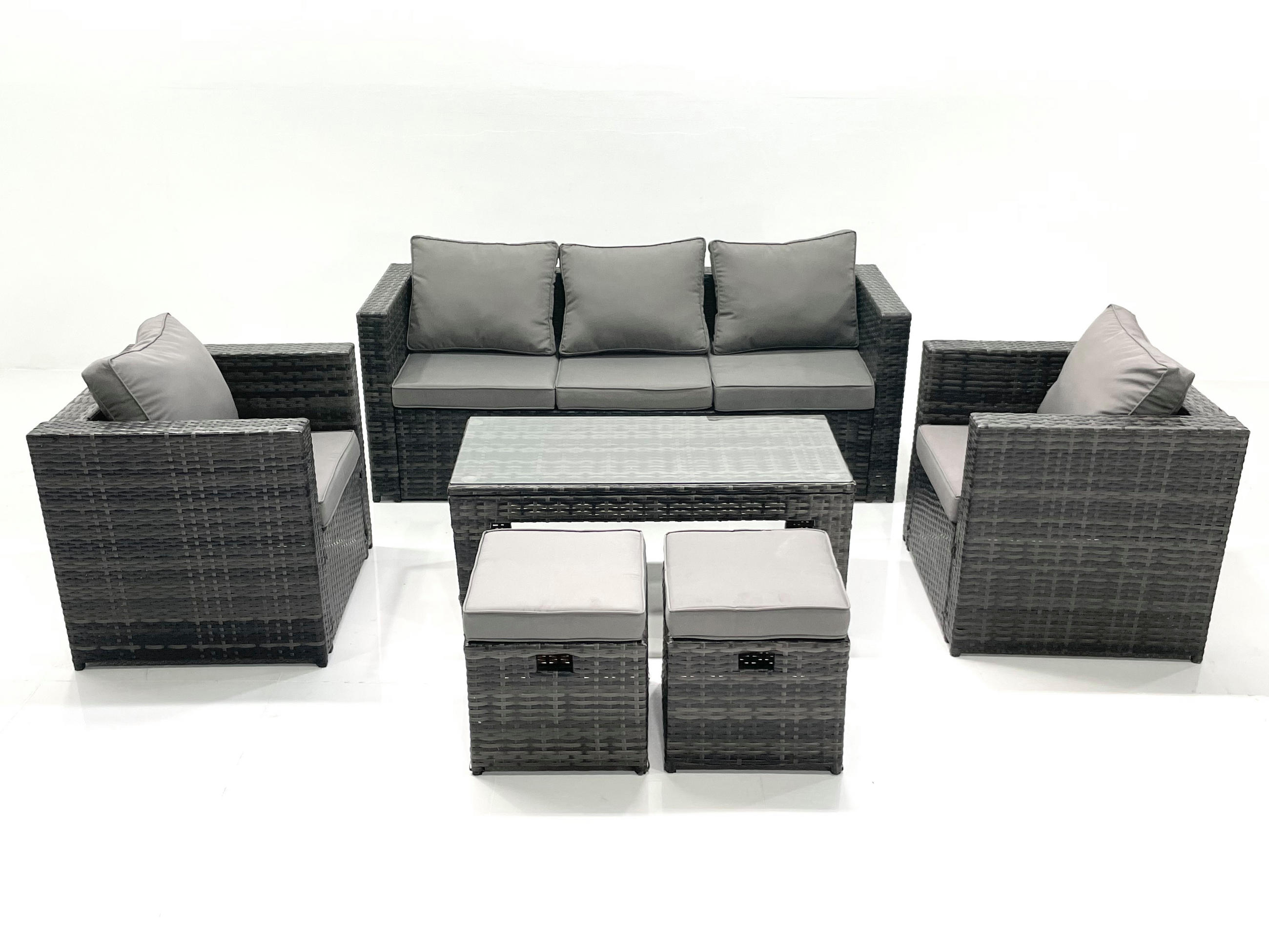 GARTENMÖBEL-SET COUCHTISCH SESSEL SOFA mit HOCKER Polyrattan Dunkelgrau Gemischt 7-Sitzer - Dunkelgrau/Grau, Glas/Kunststoff - Fimous