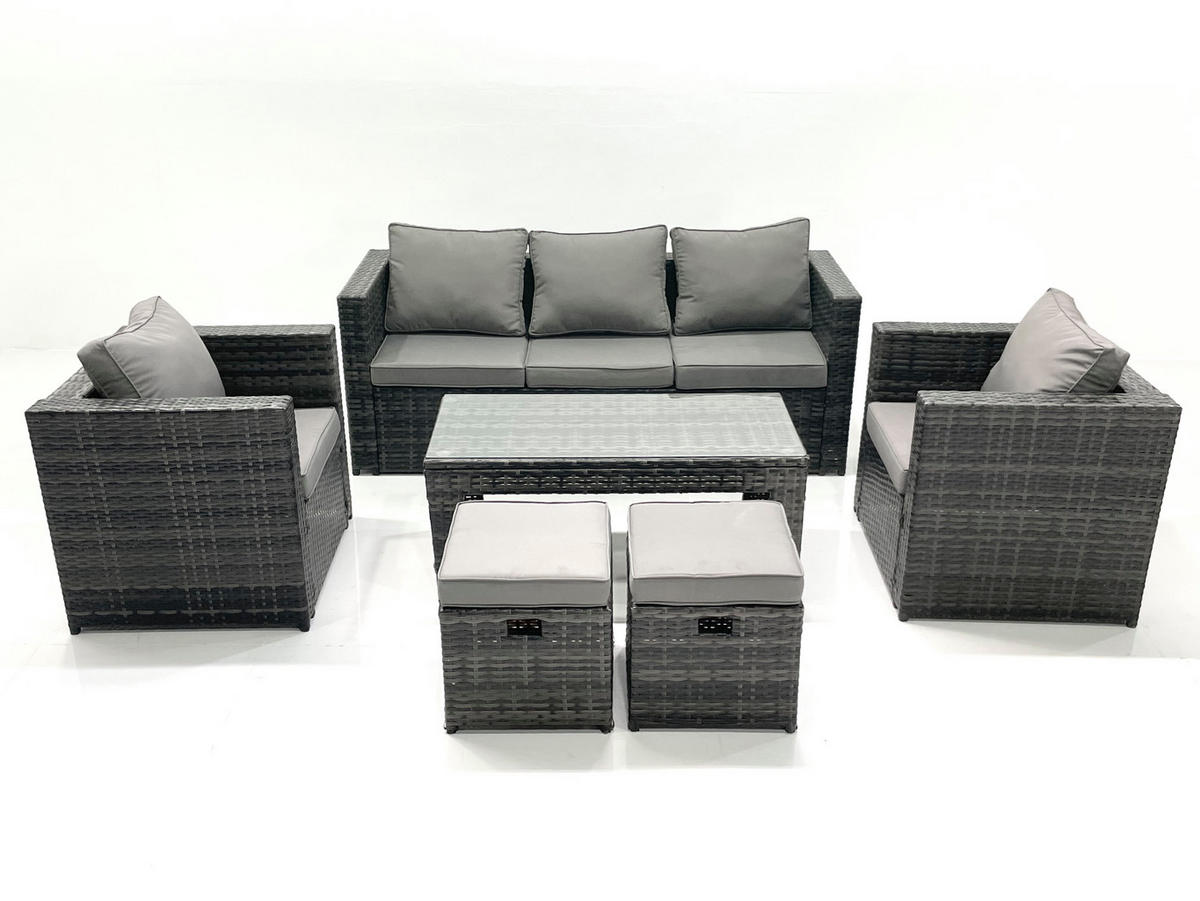GARTENMÖBEL-SET COUCHTISCH SESSEL SOFA mit HOCKER Polyrattan Dunkelgrau Gemischt 7-Sitzer - Dunkelgrau/Grau, Glas/Kunststoff - Fimous