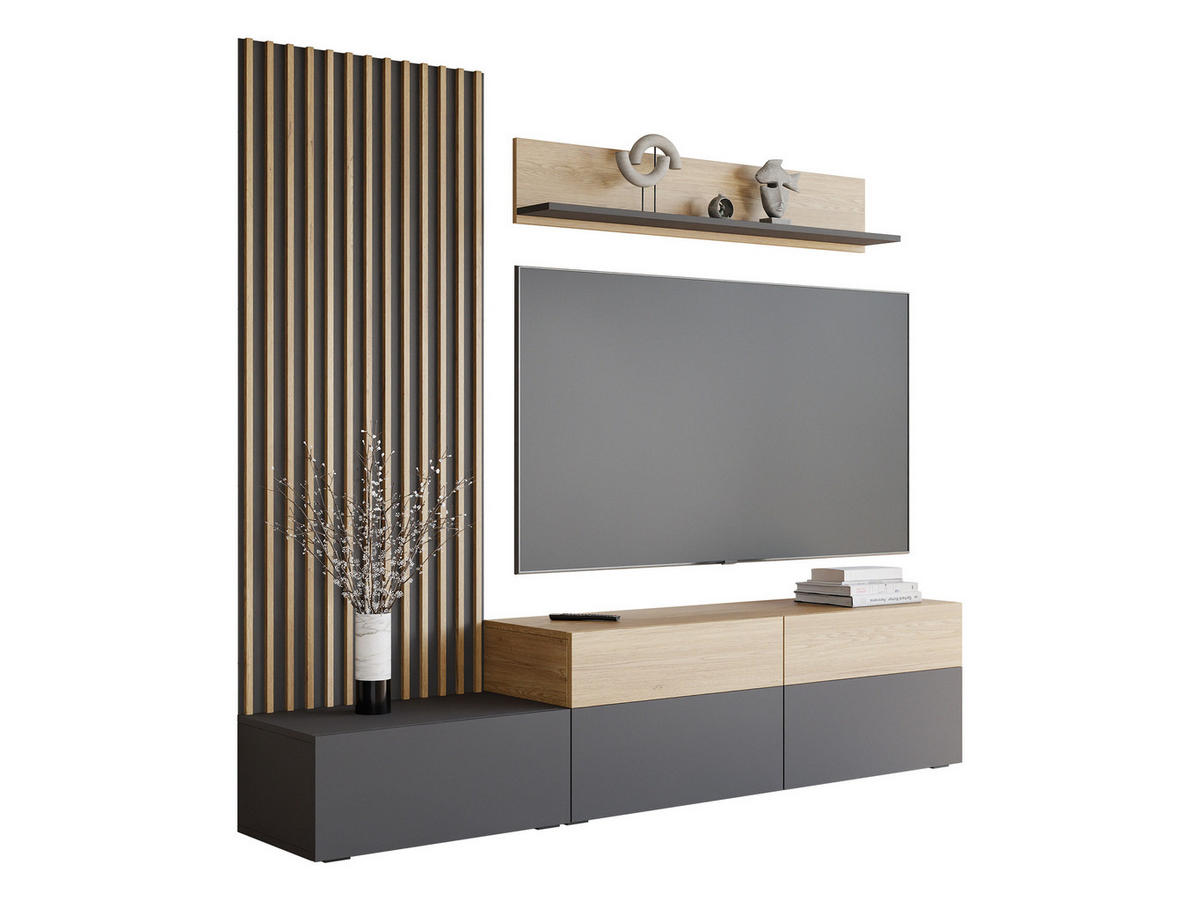 WOHNWAND Narezi I - Eichefarben/Schwarz, Holzwerkstoff/Kunststoff (225/209/40cm) - MIRJAN24