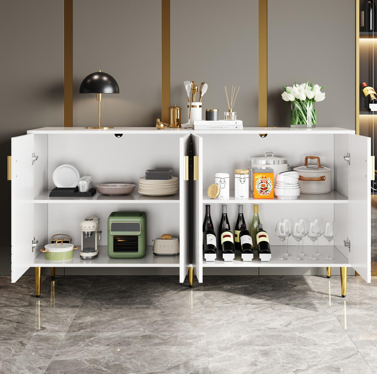 SIDEBOARD Weiß aus MDF mit Wellenfront und goldfarbenen Griffen, 152/40/75 cm, Weiß - Weiß, Holzwerkstoff (40/75/152cm) - Redom