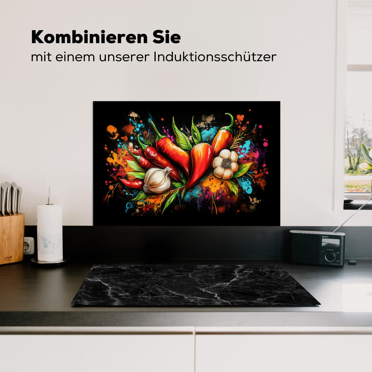 SPRITZSCHUTZ KÜCHE Gemüse - Paprika - Knoblauch - Graffiti - Farbe - Bunt 60x40 cm - Rot, Metall (60/0.3/40cm) - MuchoWow