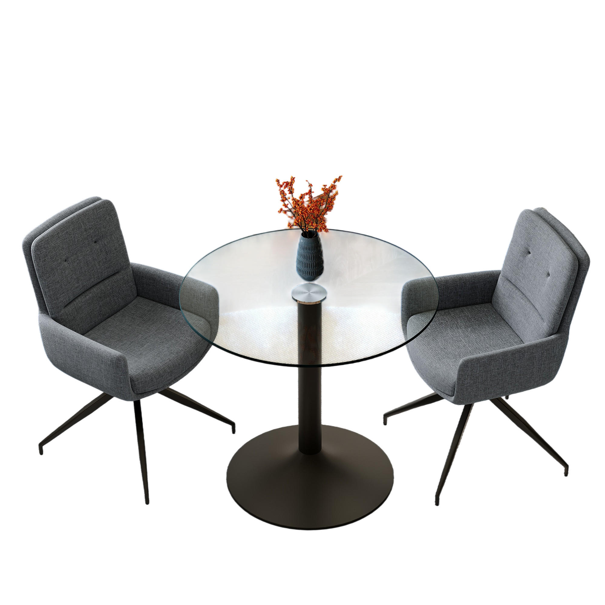 ESSGRUPPE DE-39489 3-teilig, Glastisch und 2 Drehstühlen mit Stoffbezug Dunkelgrau - Dunkelgrau, Metall (85/75/85cm) - ComfortXL