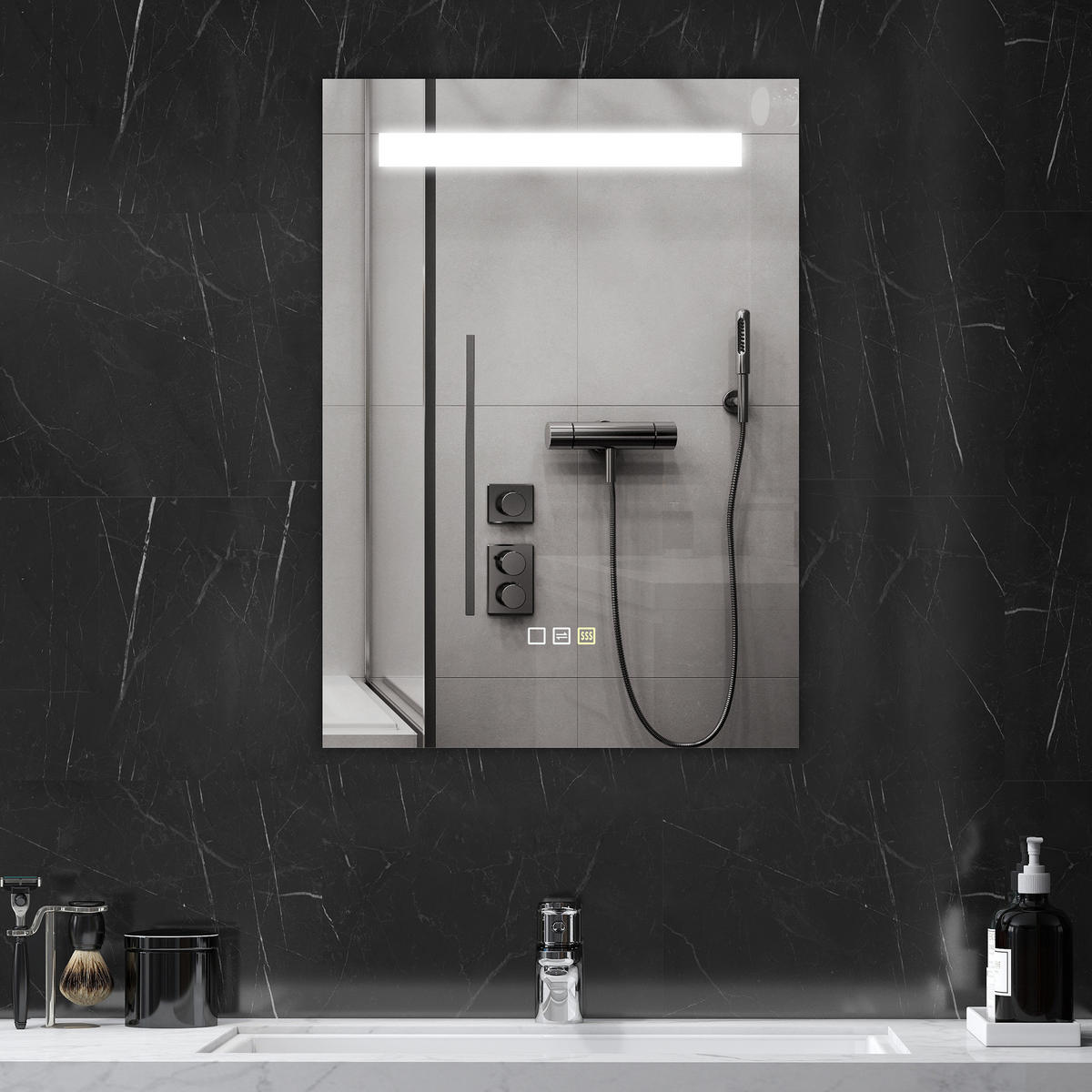 BADEZIMMERSPIEGEL mit LED-Beleuchtung, 3 Lichtfarben, Antibeschlagfunktion,IP44,70 x 50 cm - Silberfarben, Glas (3.5/50/70cm) - Vallsero