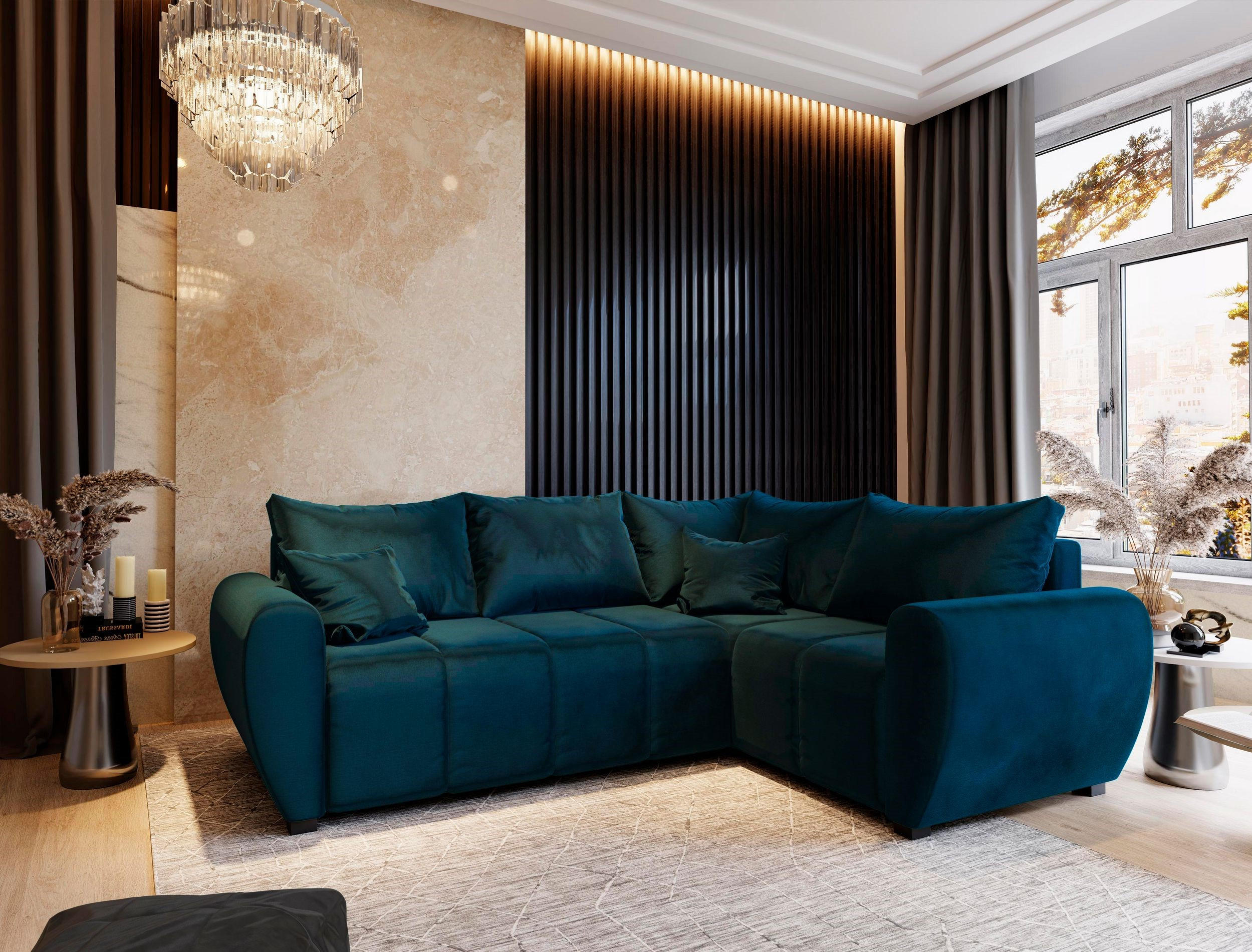 ECKSOFA MADISON L R-S Blau Plüsch-Stoff mit Schlaffunktion - Blau, Holz (235/175cm) - MASSENO