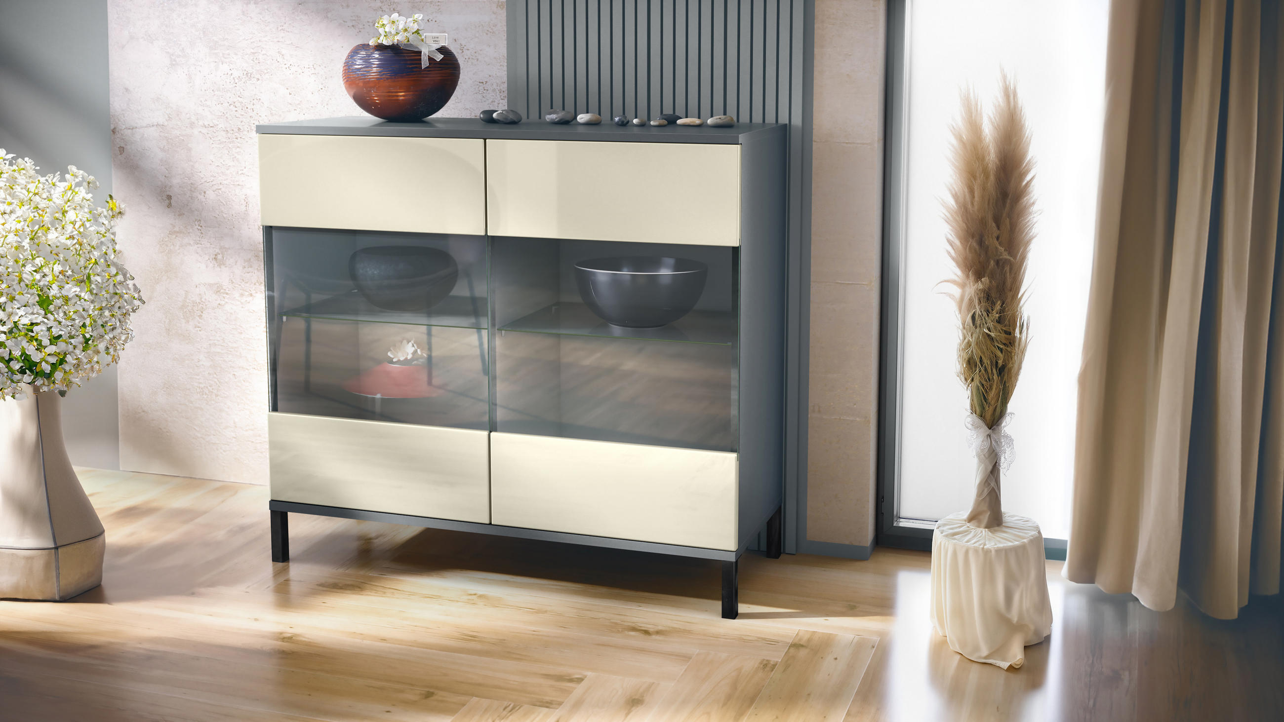 KOMMODE Bari Creme Hochglanz - Creme, Holzwerkstoff (92.5/83.5/35cm) - Vladon