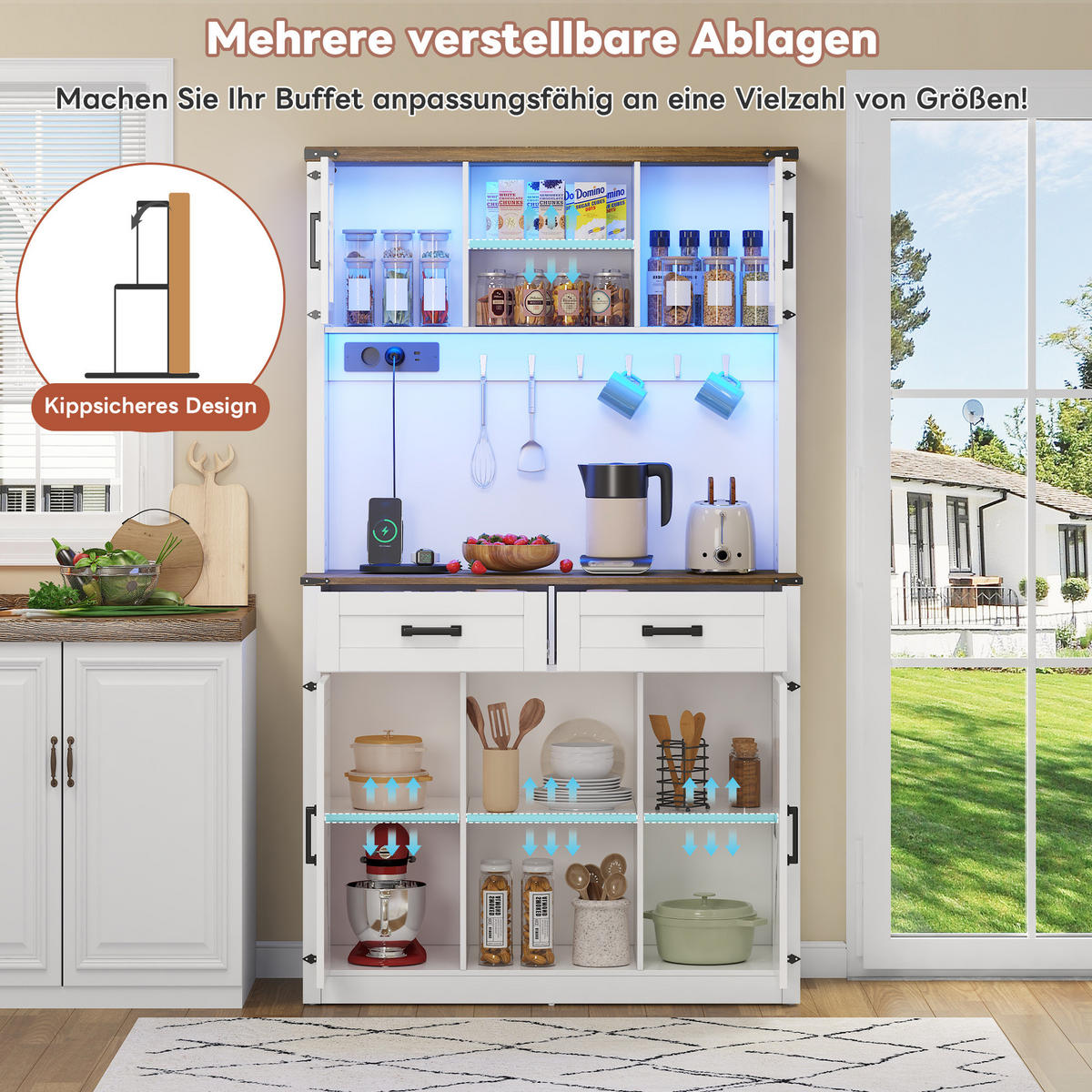 BUFFET Barschrank aus MDF mit LED-Beleuchtung, Steckdosen und verstellbaren Einlegeböden Braun/Weiß - Braun, Holzwerkstoff (100/172/40cm) - Modenvie